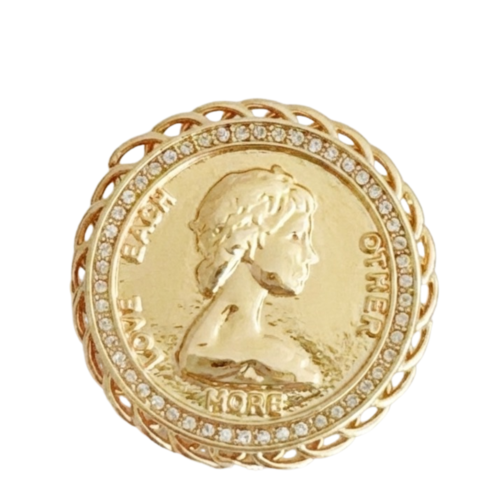 Vintage medallion coin brooch pin by Ellison + Young featuring intricate design and antique finish, displayed on a neutral background.