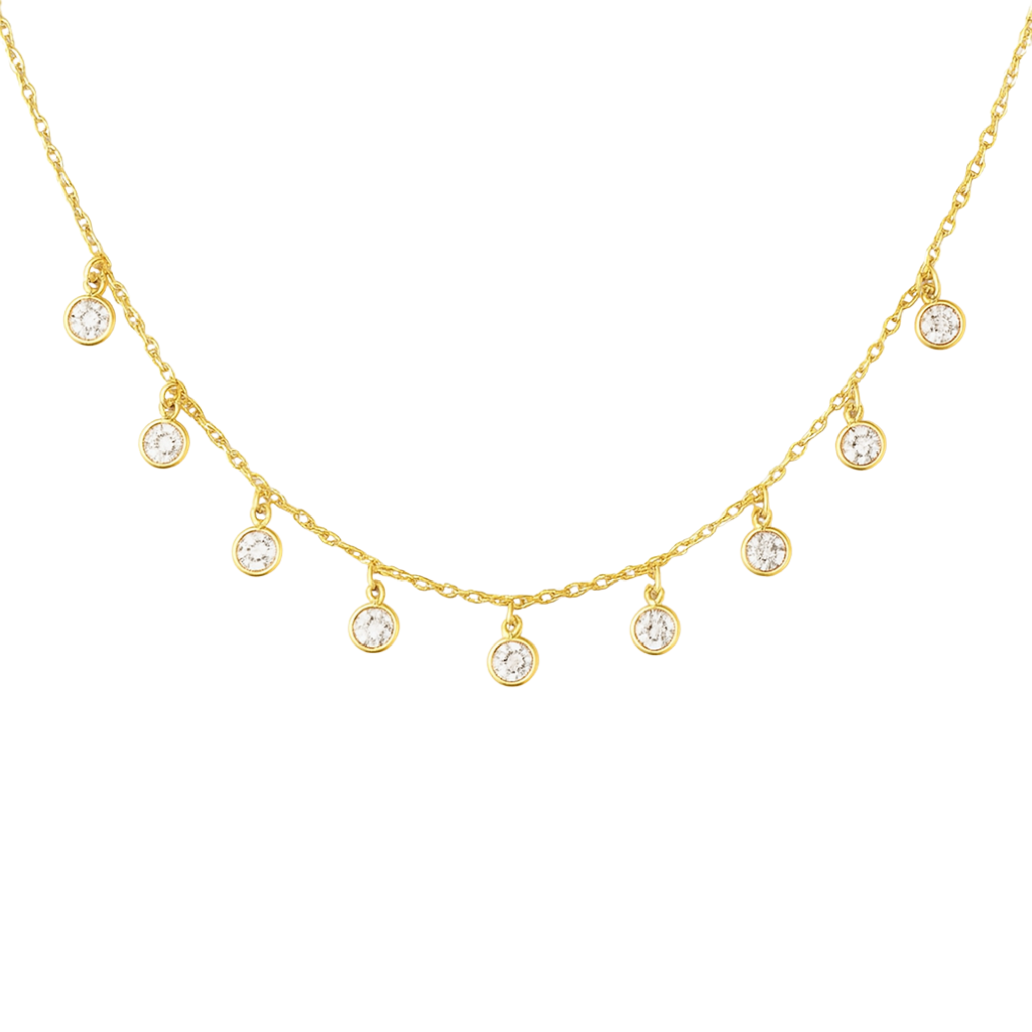 Gold CZ circle droplet necklace on sterling silver 925 chain, showcasing a shimmering design and elegant craftsmanship.