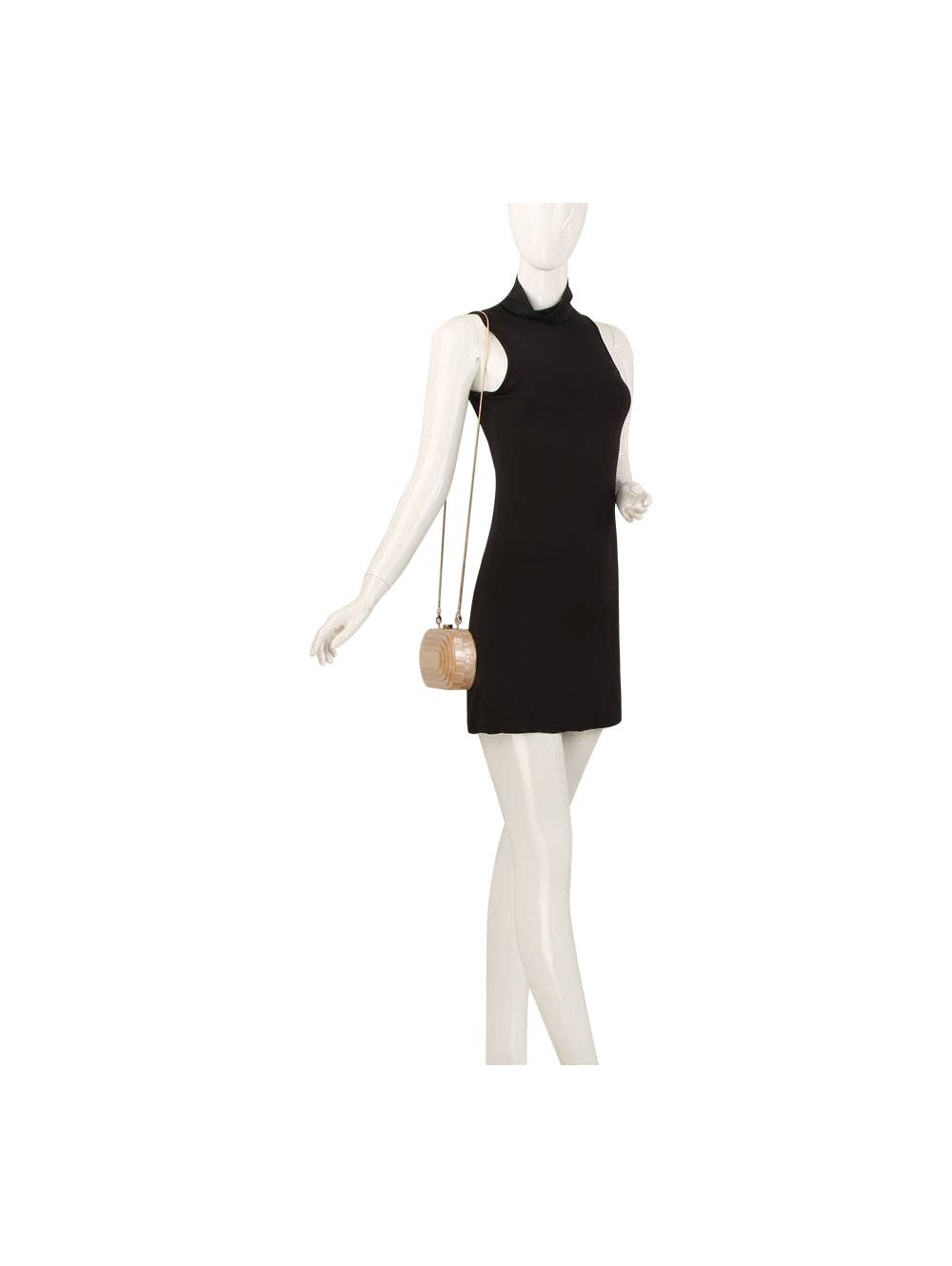 Pearlized acrylic clutch evening bag with a sleek design, featuring a compact shape and elegant finish.