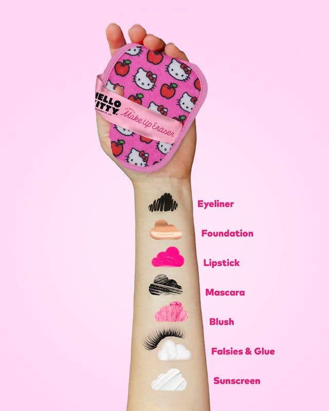 Hello Kitty Classic 7-Day Set by The Original MakeUp Eraser, featuring colorful Hello Kitty-themed makeup remover cloths and accessories.