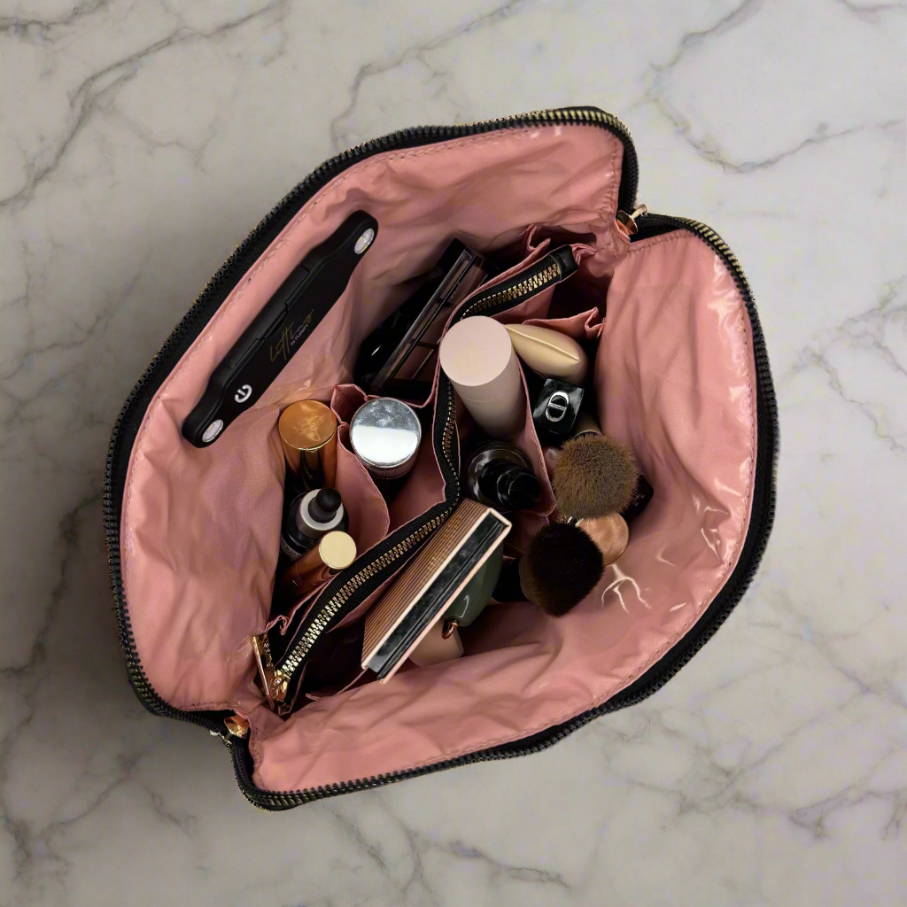 Purson Litt Makeup Case in timeless quilted design, a stylish and compact makeup bag with quilted fabric and organized interior compartments.