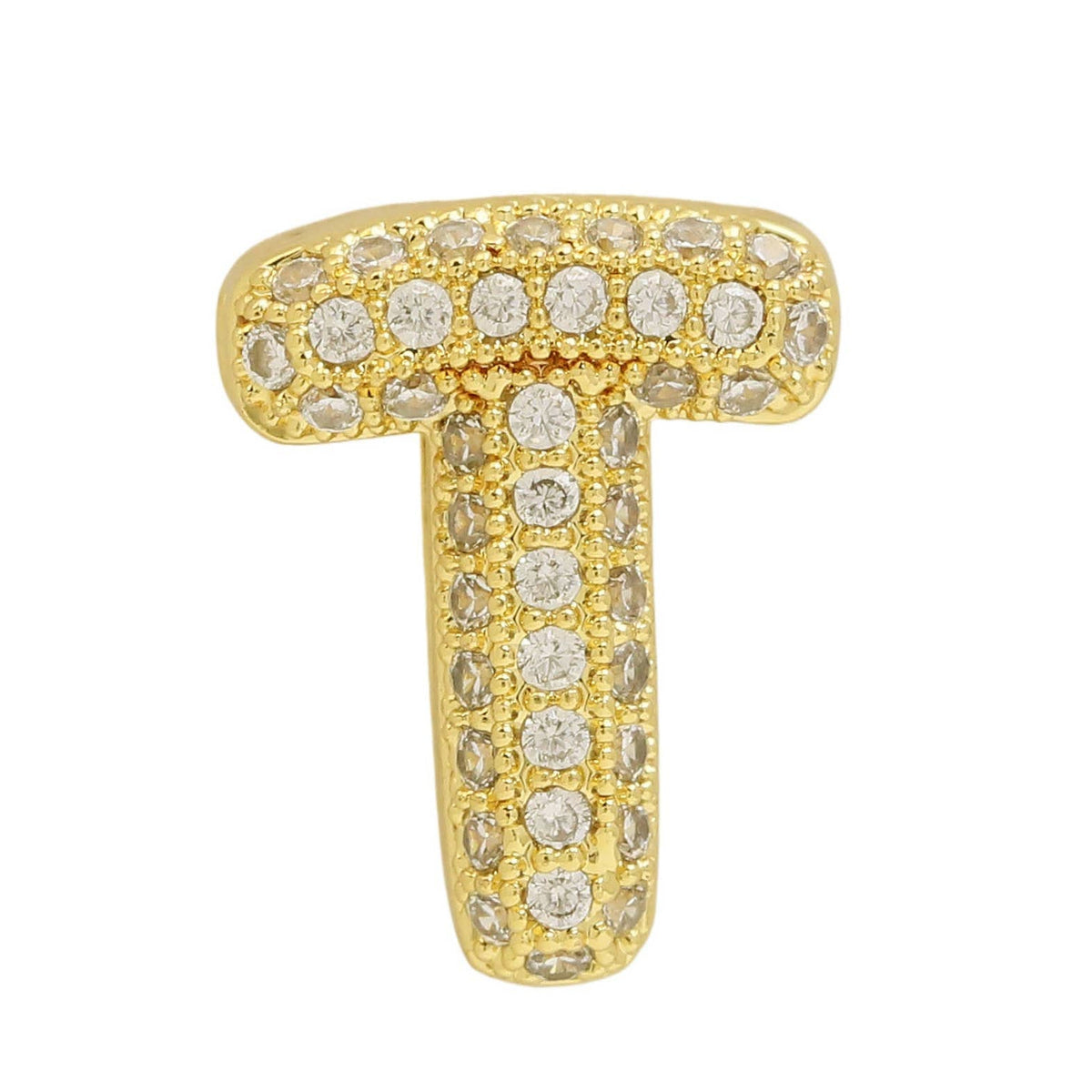Private label slider initial charm for watch bracelet, close-up of silver-tone charm with engraved initial design.