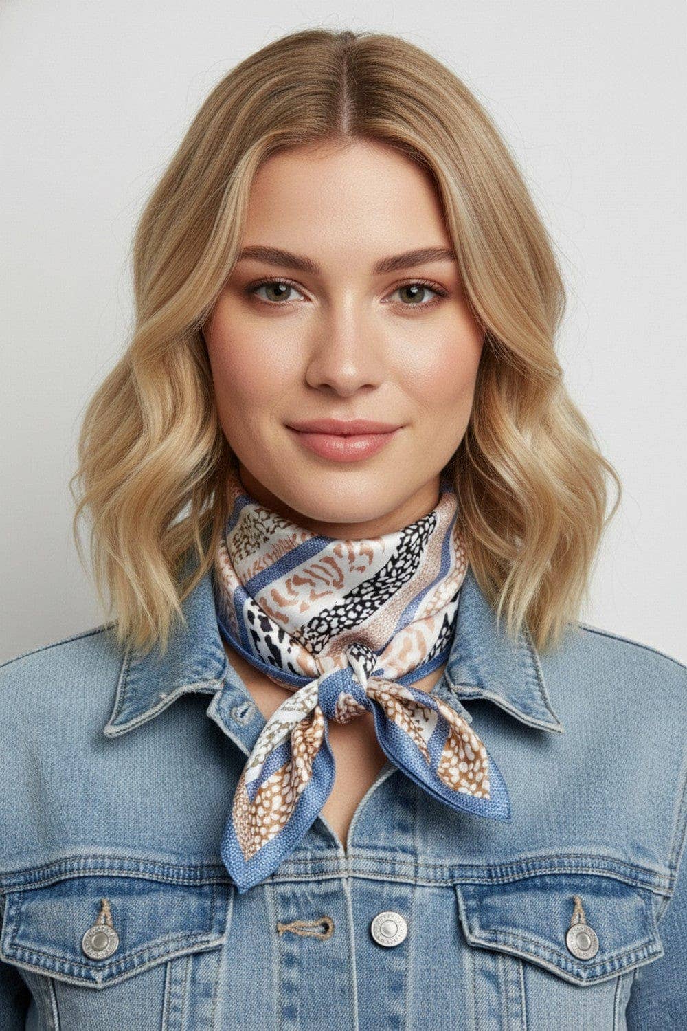 Abstract leopard print bandana scarf with bold spotted pattern, stylish accessory for casual or trendy outfits.