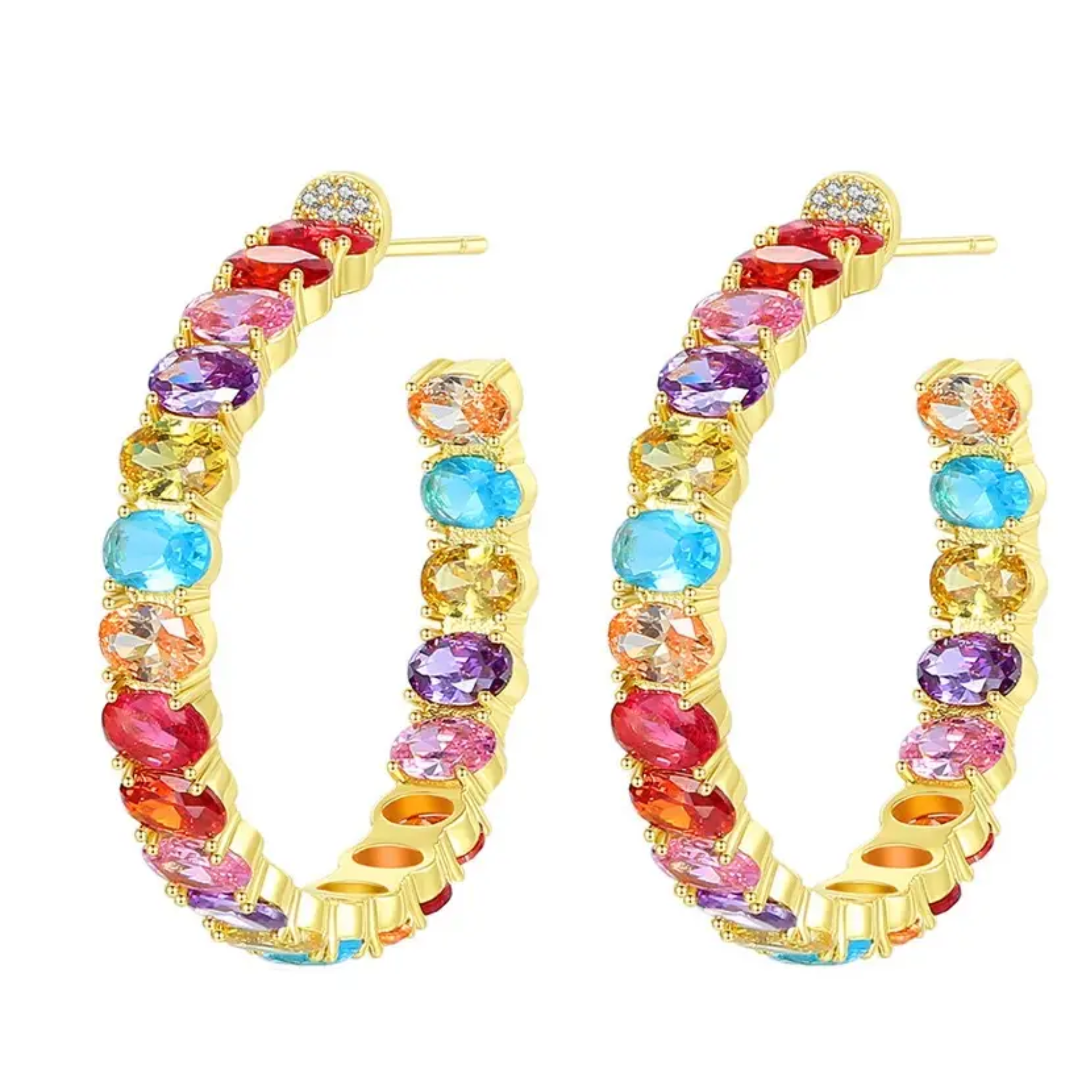 Colorful Sadie jeweled hoop earrings by Private Label, showcasing multicolored stones and a shiny hoop design.