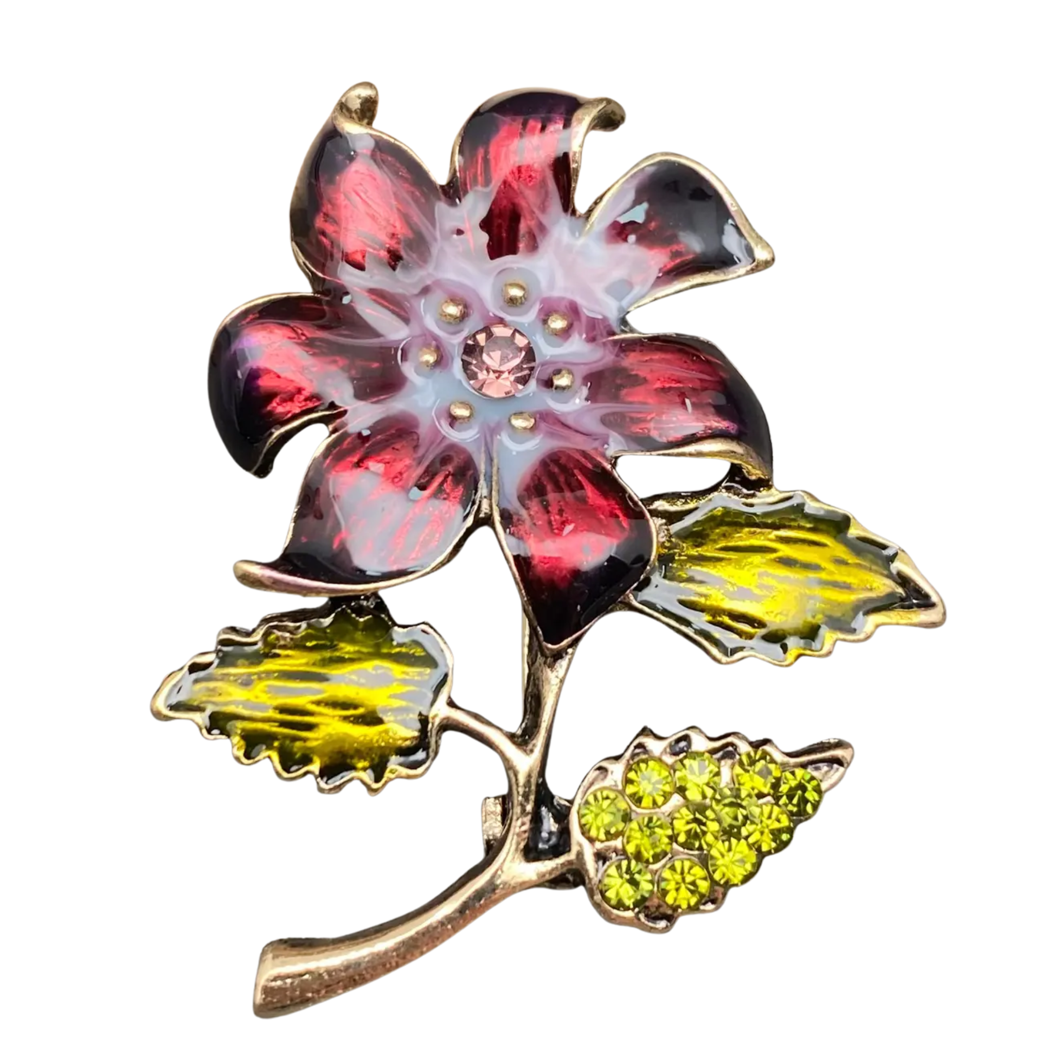 Multicolor enamel flower brooch with rhinestones, featuring a detailed design and clasp back, by Private Label.