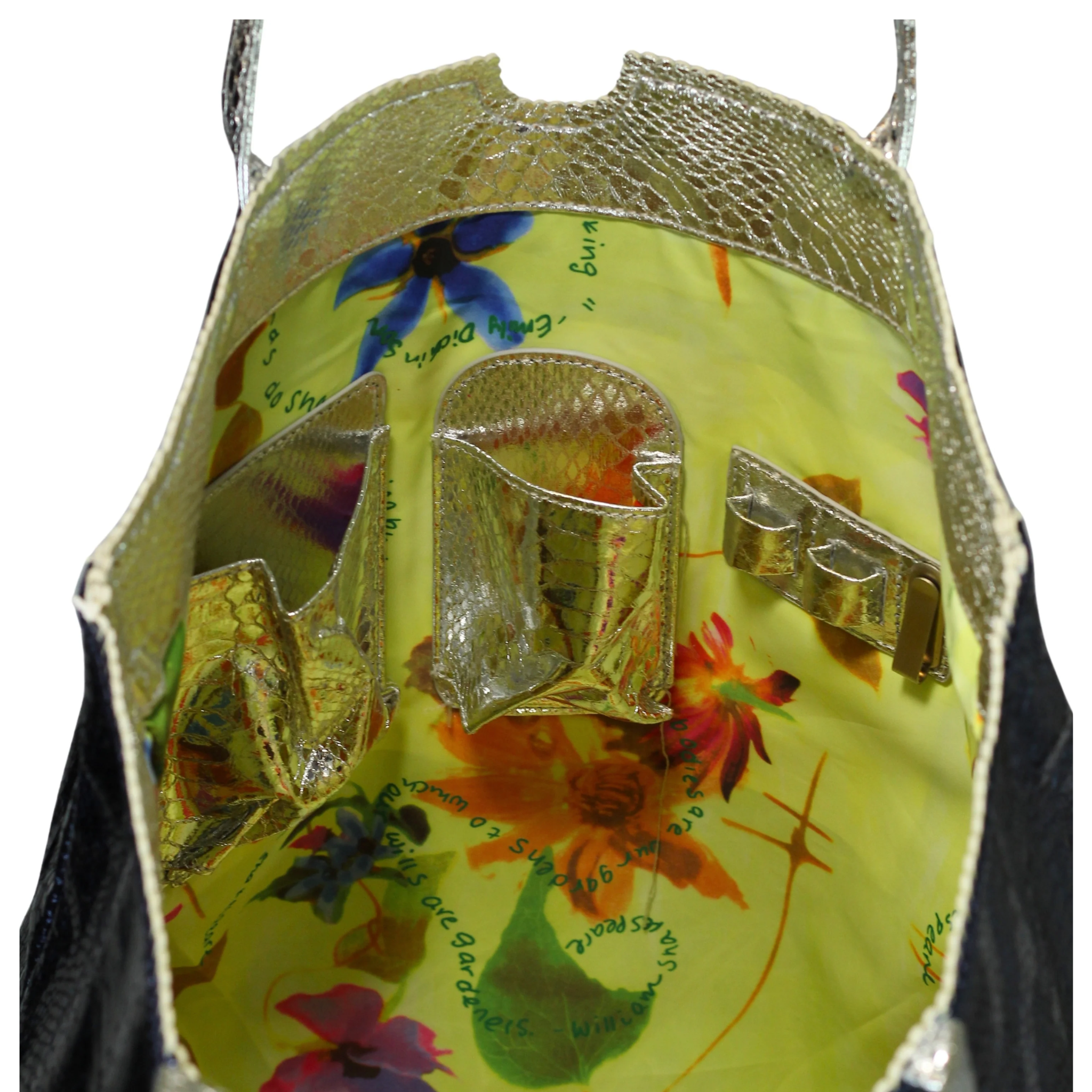 Colorful vegan Python tote bag by Carlos Falchi with multicolor Daisy clip design, showcasing its textured Python pattern and spacious interior.
