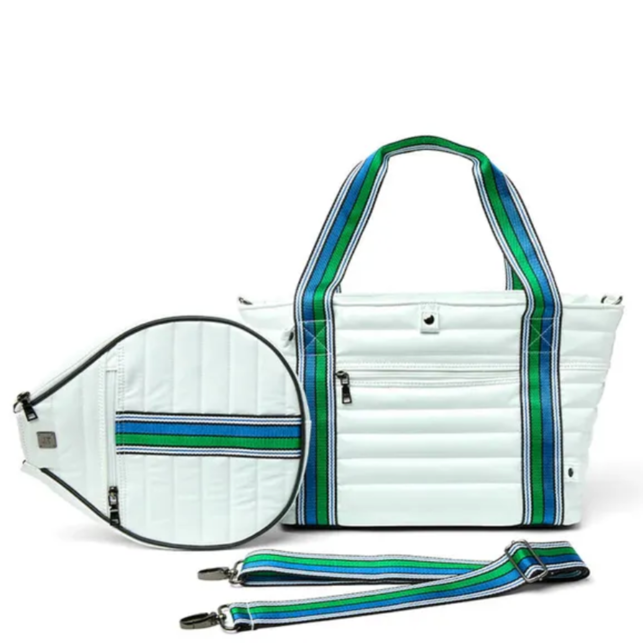 Think Royln Love Royln tennis tote bag with multicolor daisy print, featuring durable fabric and spacious interior for everyday use.