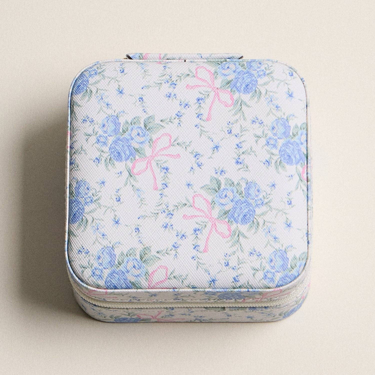 Travel-Ready Blue Floral | Jewelry Box with Pink Bow