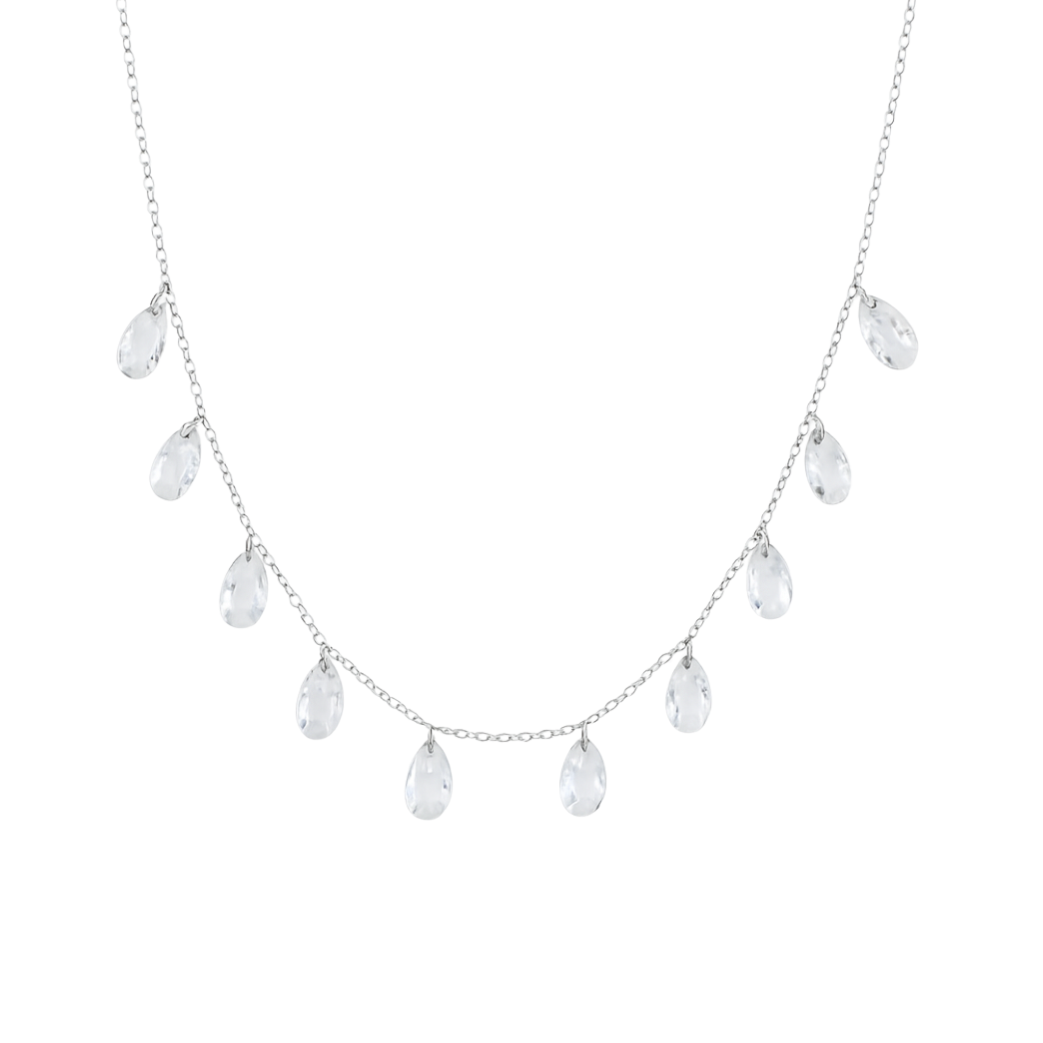 Iridescent clear crystal drop necklace featuring a sterling silver 925 chain, elegantly showcasing the sparkling droplet design.