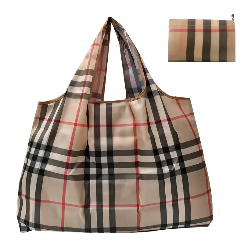 Plaid Eco-Friendly Foldable Nylon Tote Bag - Reusable & Compact