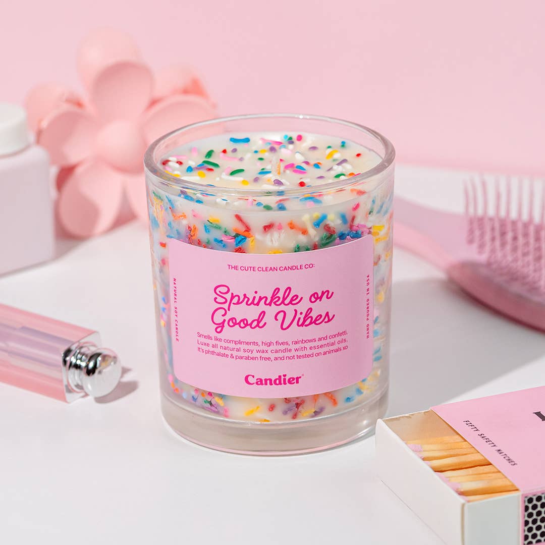Candier Sprinkle Good Vibes soy wax jar candle with colorful sprinkles design, perfect for home decor and cozy ambiance.