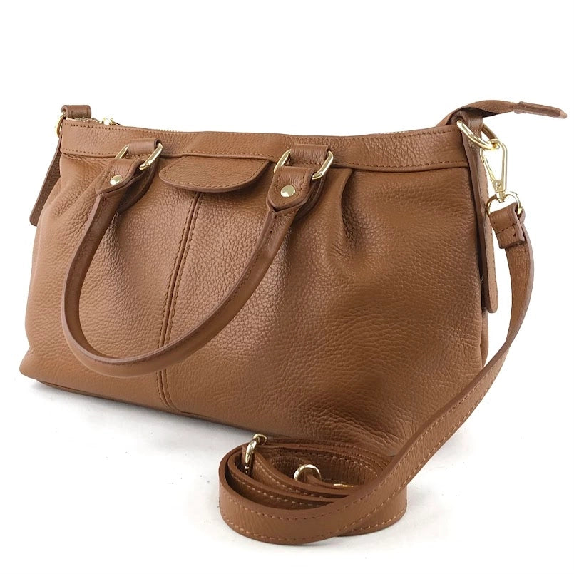 Classic cognac leather satchel bag from Private Label with sturdy handles and elegant design, perfect for everyday use.