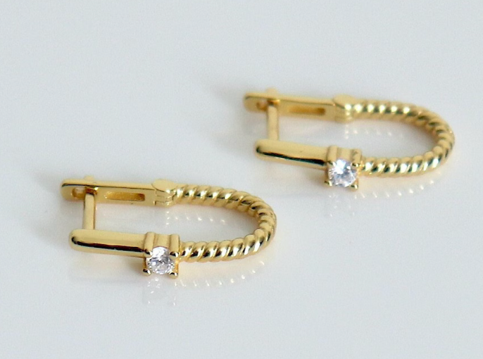 14K gold Roped In huggie hoop earrings featuring a sleek steel design, showcasing their unique texture and shine.