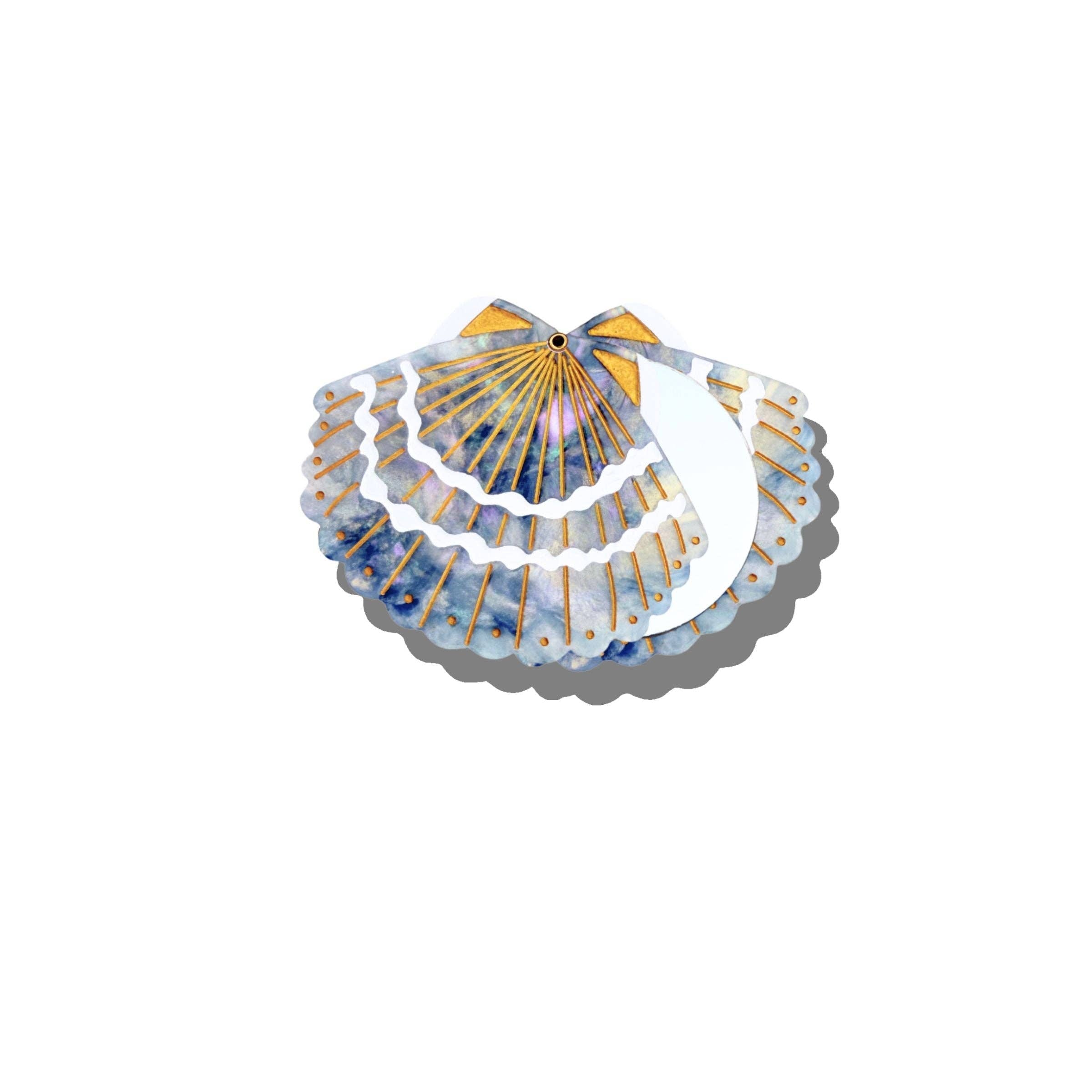 Decorative fan with blue and gold design on a white background