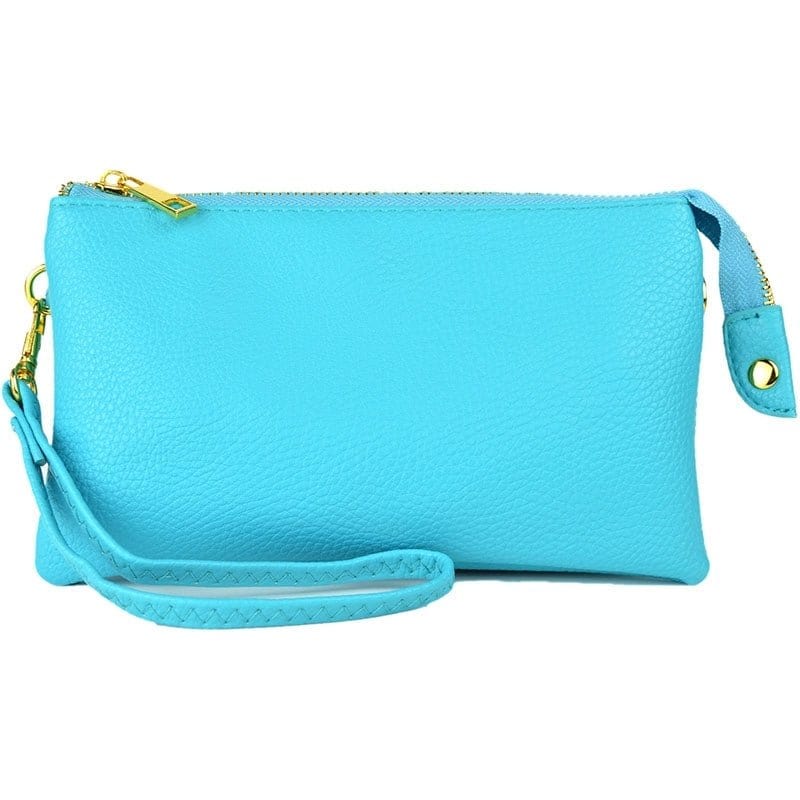Private label three compartments crossbody bag, versatile wristlet with multiple sections for organization, shown in neutral color.