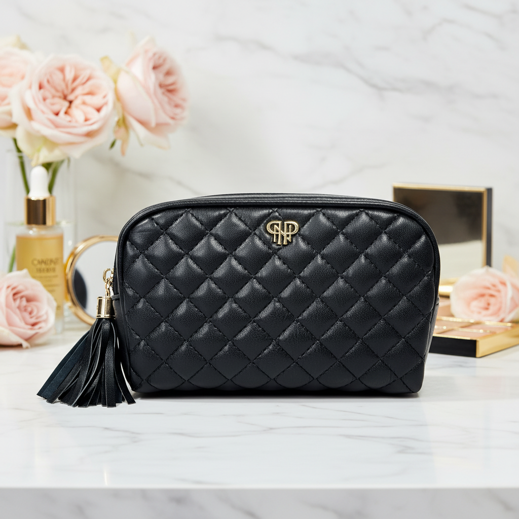 Glam PurseN quilted makeup case, stylish and spacious makeup bag with a timeless design, perfect for organizing beauty essentials.
