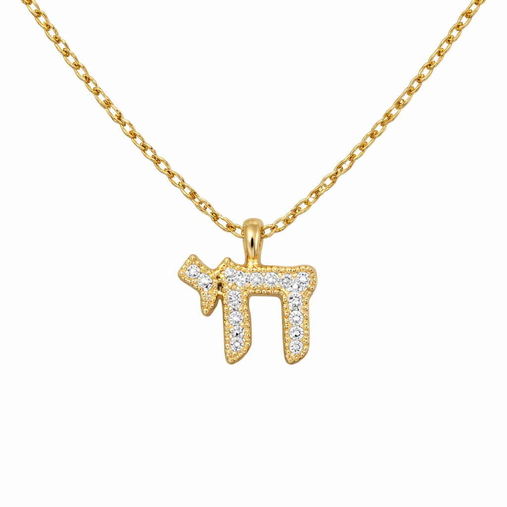 Private label Chai CZ necklace featuring a delicate chain and a decorative pendant with sparkling cubic zirconia stones.
