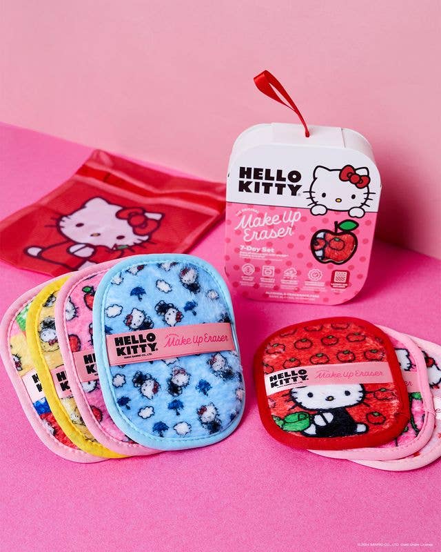 Hello Kitty Classic 7-Day Set from The Original MakeUp Eraser featuring colorful Hello Kitty-themed makeup remover cloths.