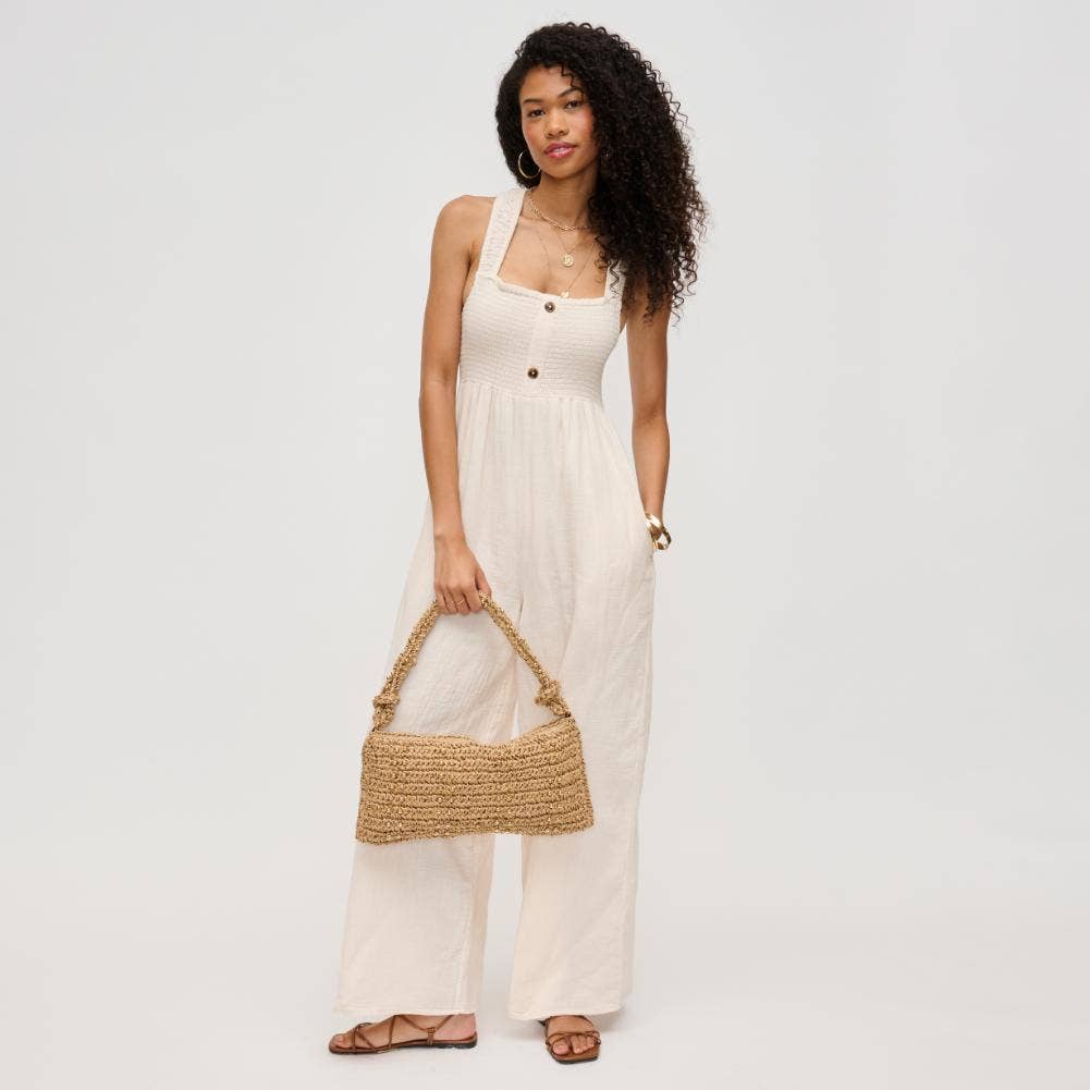 Clarissa seasonal straw shoulder bag by Urban Expressions, featuring a woven design and stylish shoulder strap.