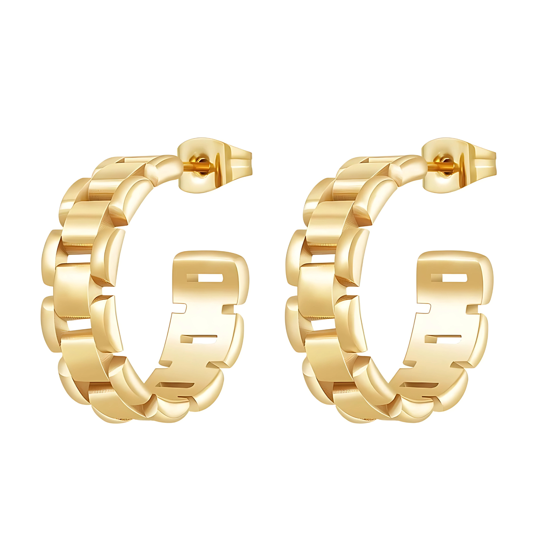 Gold watch link hoop earrings by Sahira Jewelry Design with a stylish interlocking design.