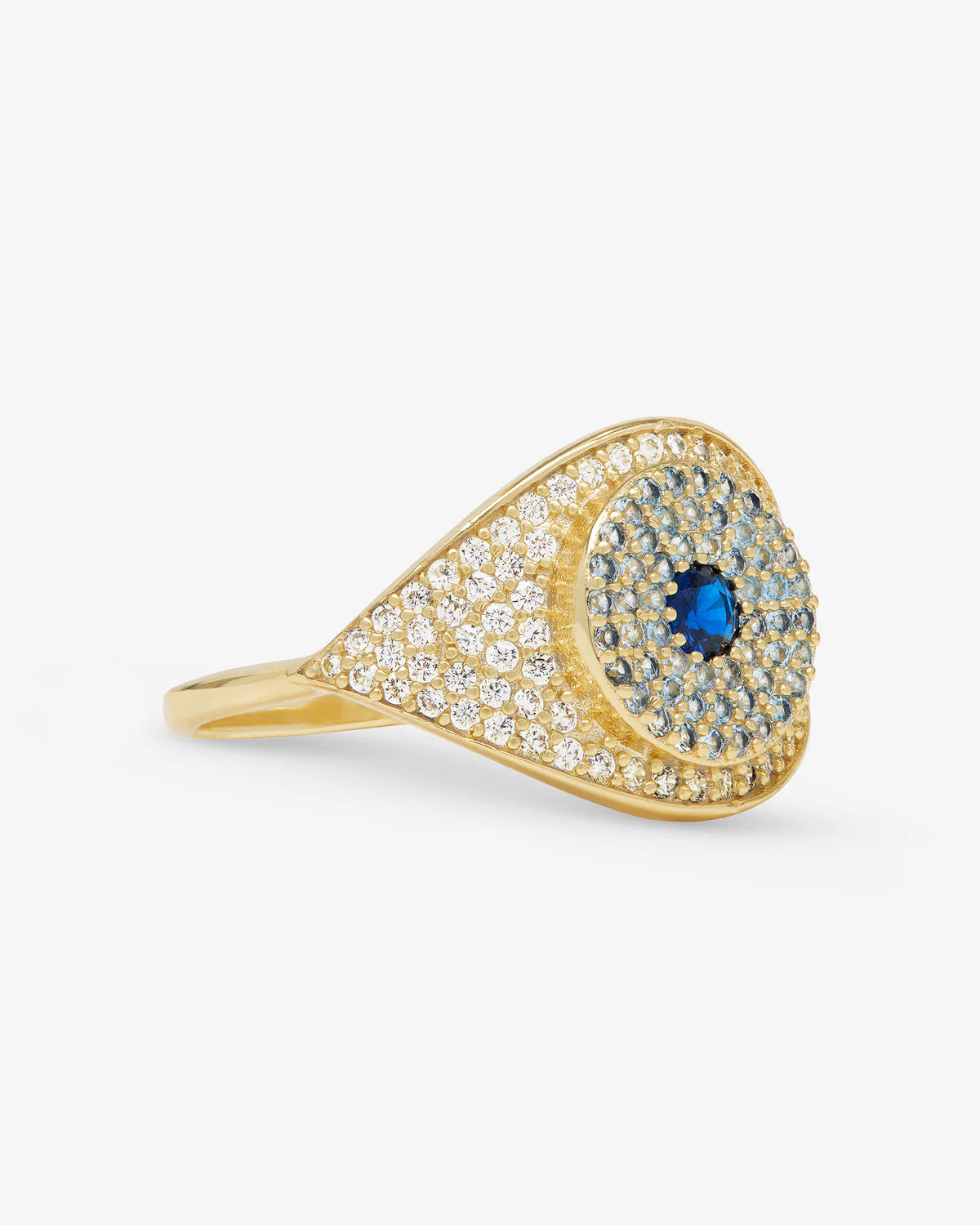 Gold evil eye ring by Melinda Maria, showcasing a detailed jewelry ring with an eye-shaped design in a shiny gold finish.