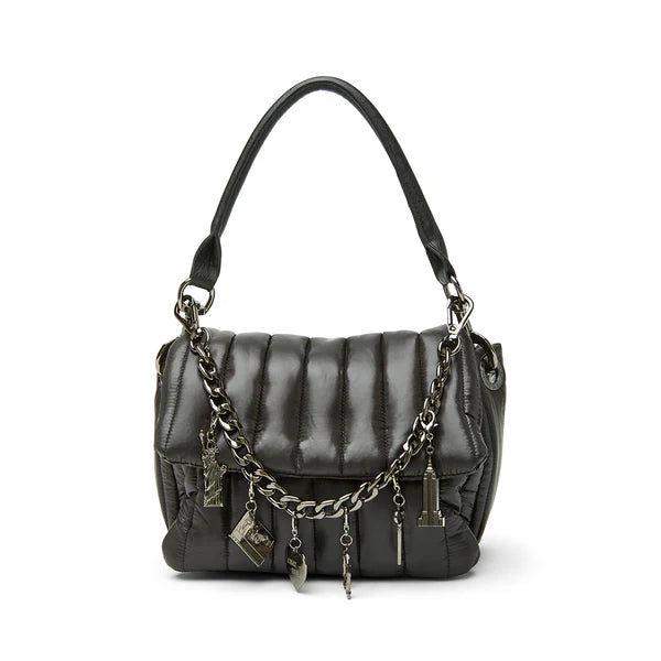 Think Royln bag charm in gunmetal finish, featuring intricate design and stylish embellishments for a chic accessory.