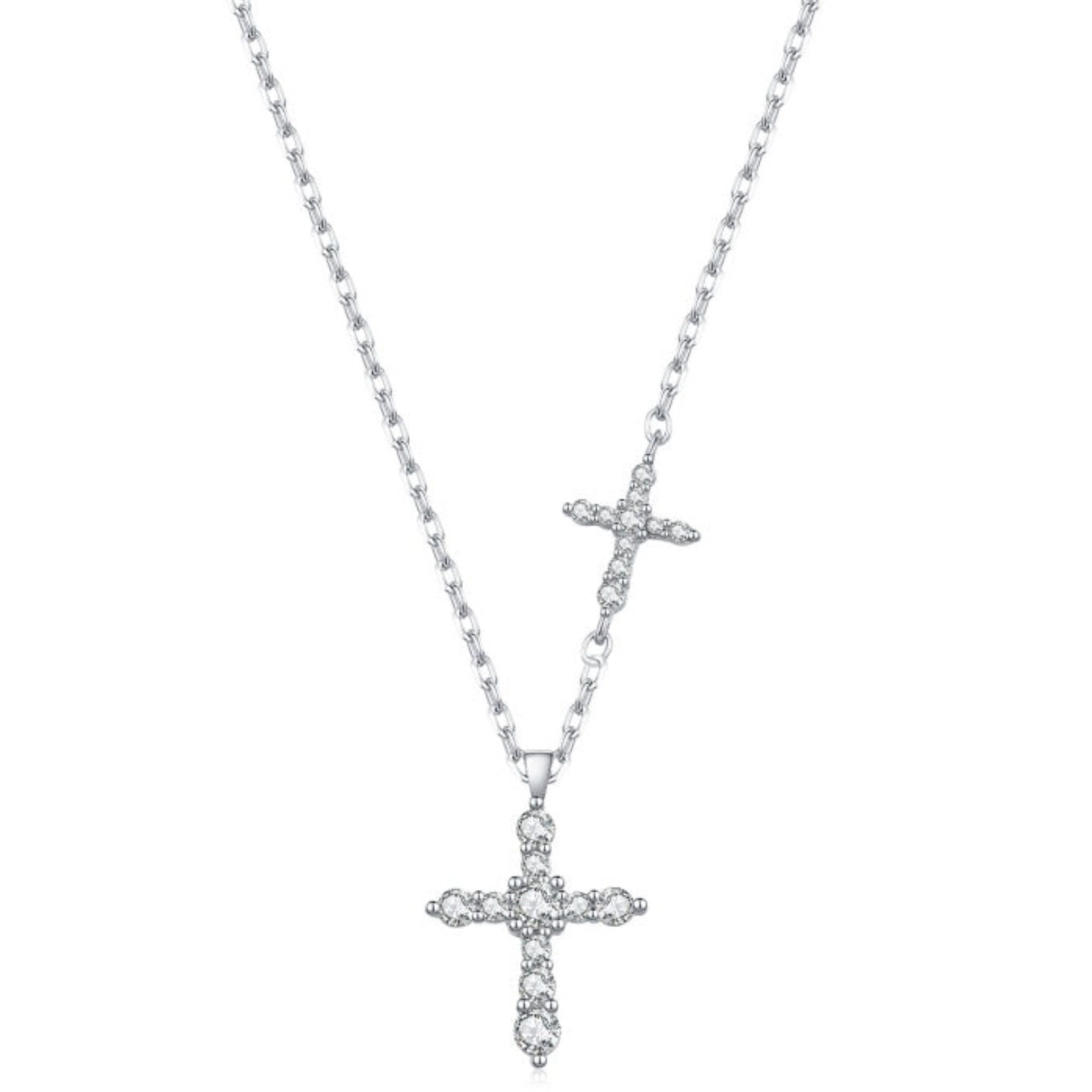 Dual Pavé Moissanite Cross Necklace in 925 Sterling Silver