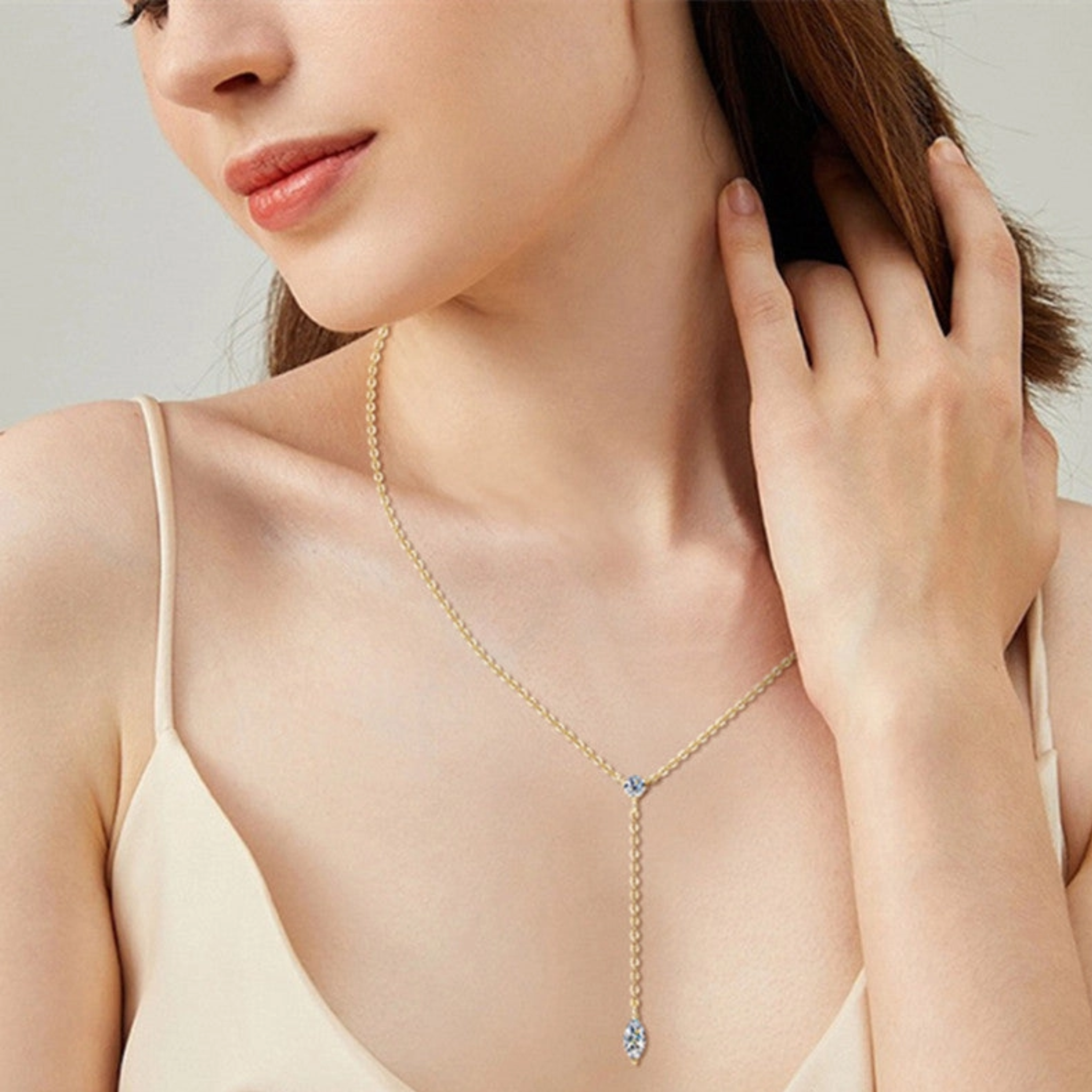 Marquise Moissanite Drop Y Necklace in 925 Sterling Silver