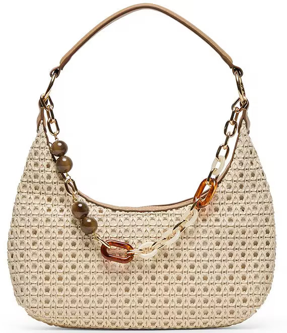 Dolce Vita Poppie woven chain charm shoulder bag with textured fabric and silver chain strap, stylish accessory for casual or evening wear.