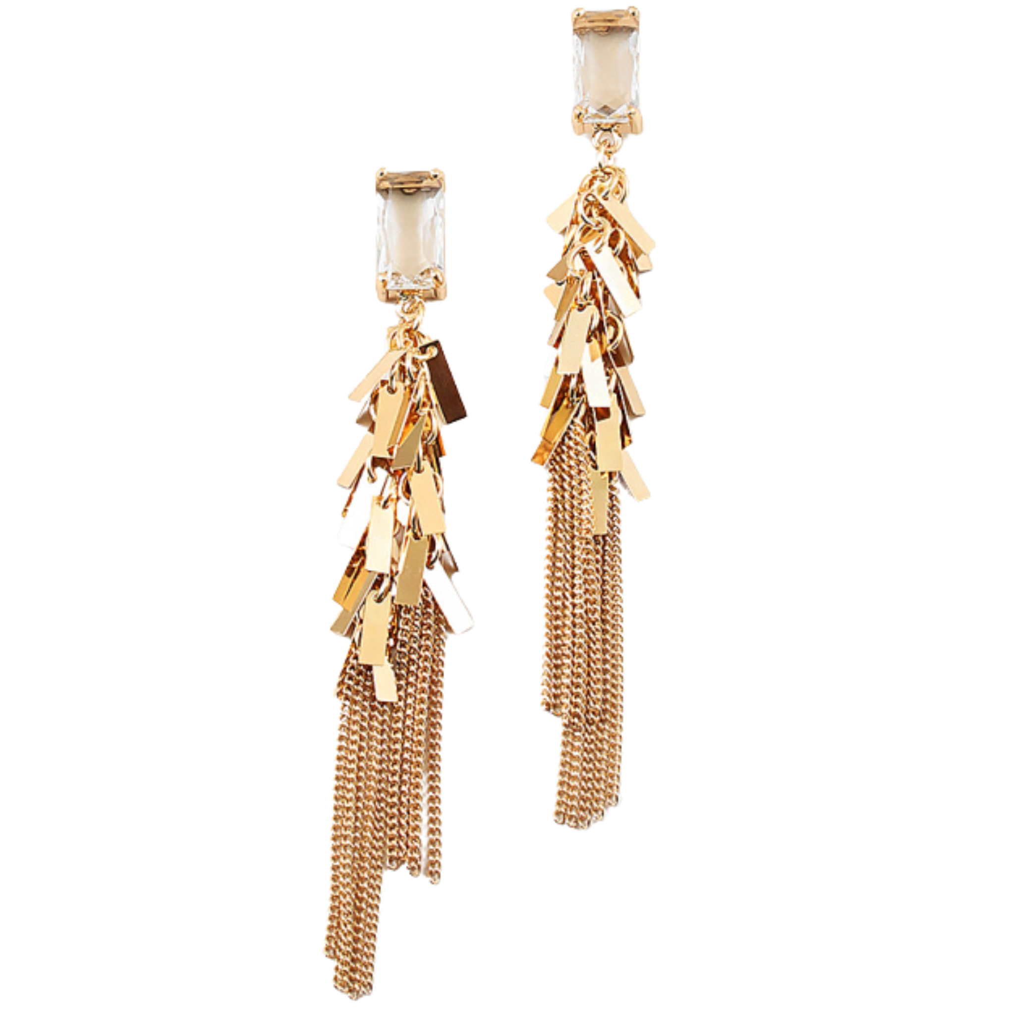 Gold and clear drop earrings from Private Label featuring sleek, elegant design with acrylic accents and gold-tone detailing.