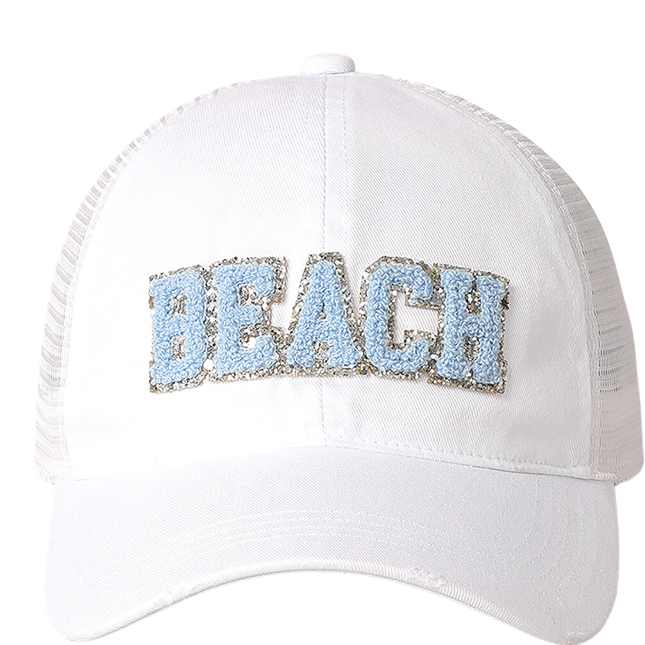 Beach Chenille Letter Patch Mesh Back Baseball Cap by Fashion City, featuring a stylish design and breathable mesh back.