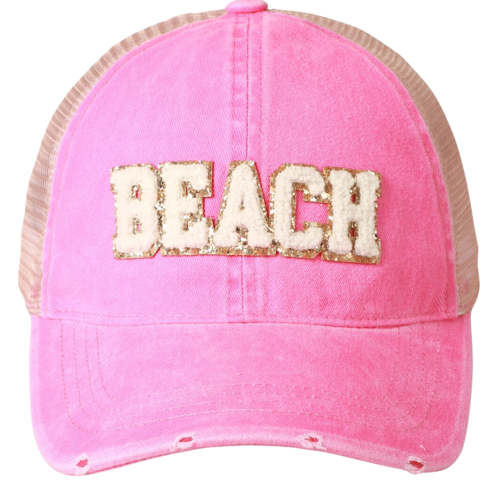 Fashion City beach cap featuring chenille letter patch and mesh back design, perfect for sunny days.