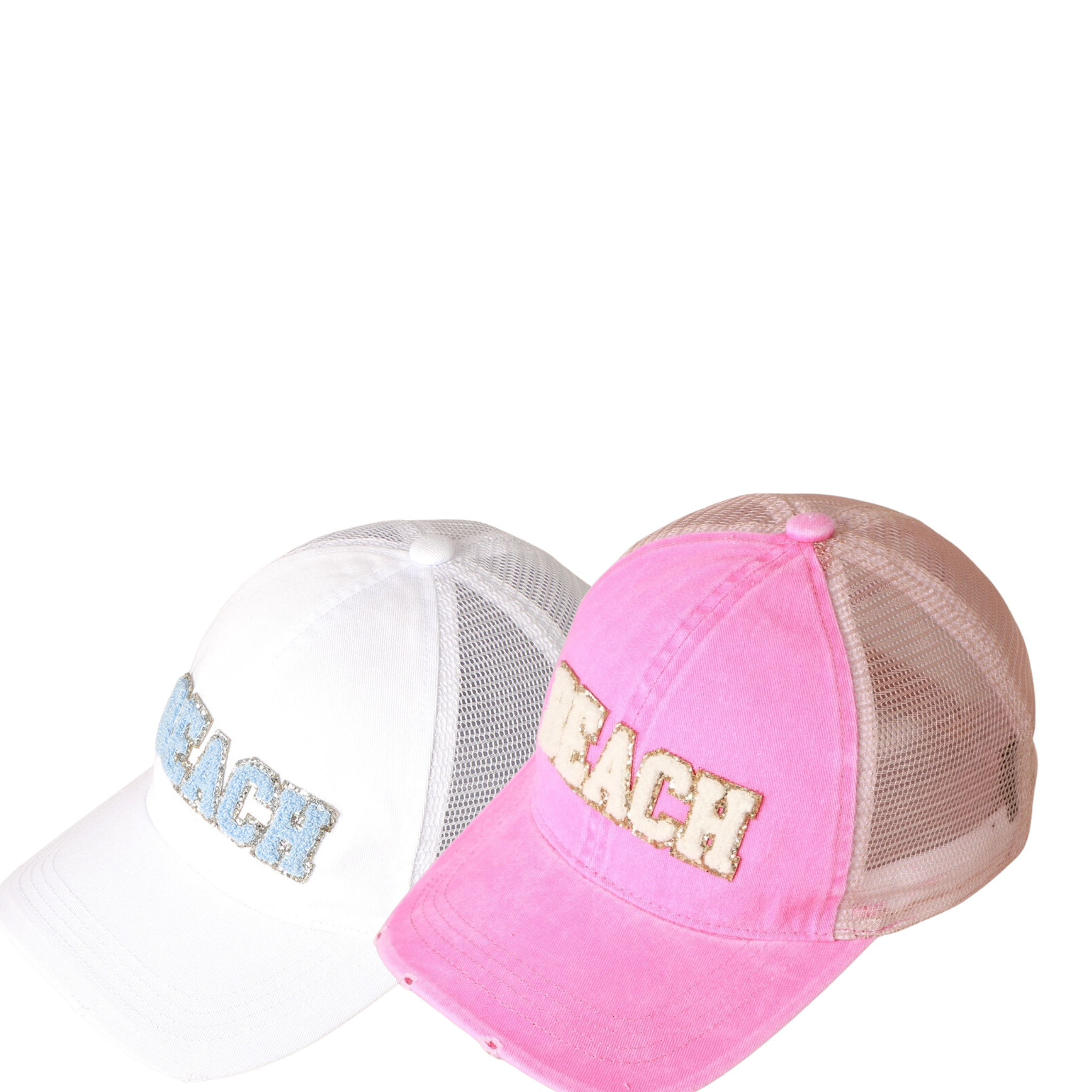 Fashion City beach baseball cap with chenille letter patch and mesh back, perfect for sunny days at the beach.