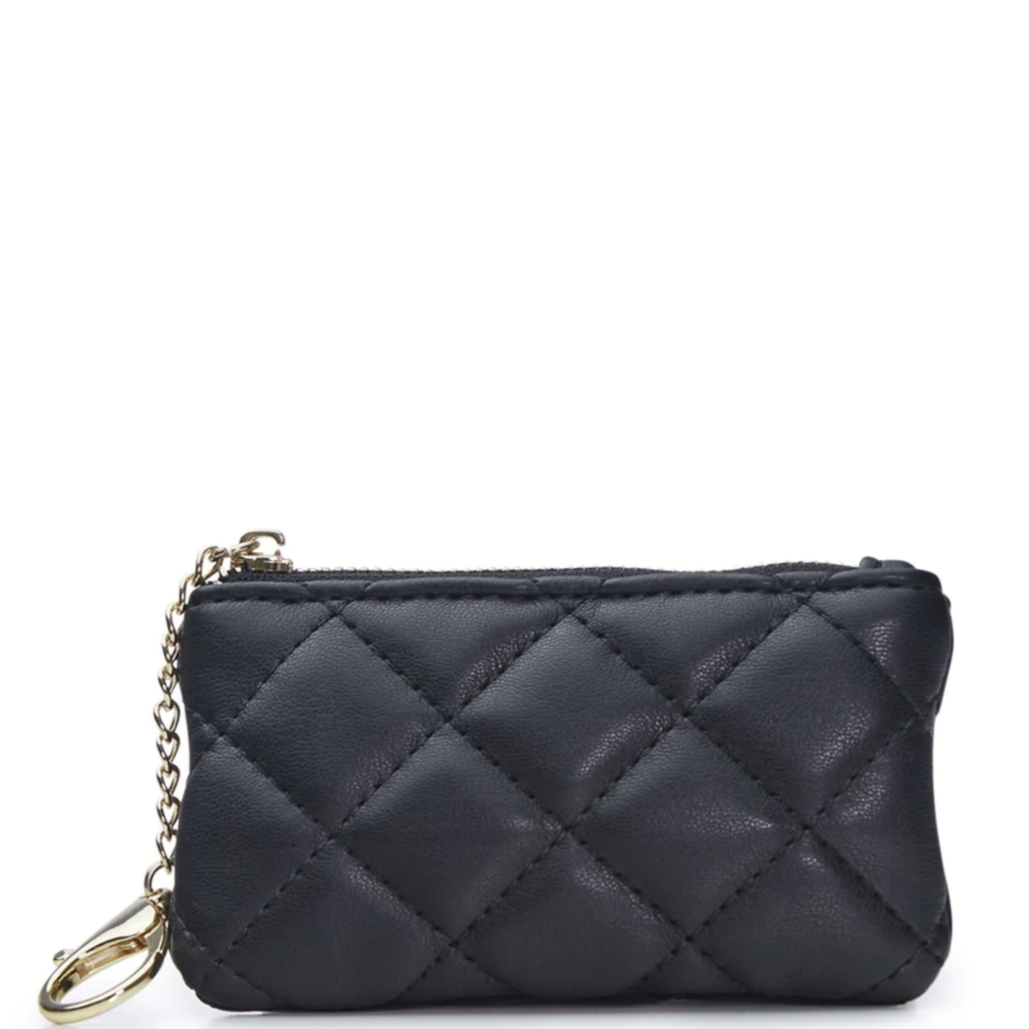 Quilted vegan leather keychain wallet with metal ring and clasp, stylish and compact accessory from private label.