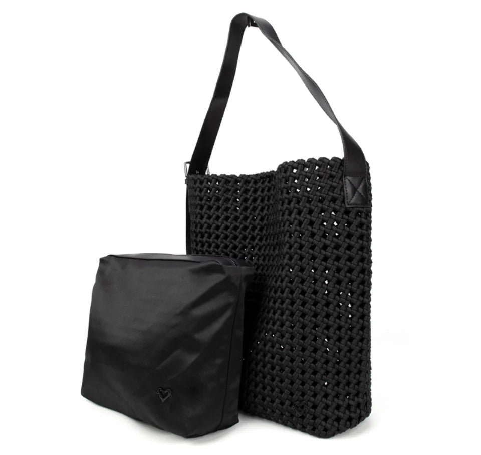 Black Osler woven hand-knotted hobo handbag by prenelove with intricate woven design and soft leather strap.