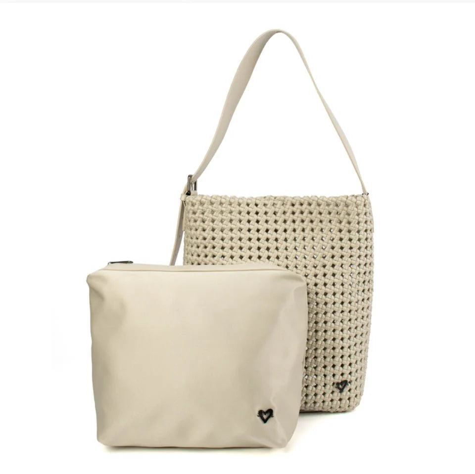 Prenelove Osler woven hand-knotted hobo handbag in bone color with textured woven design and soft leather strap.
