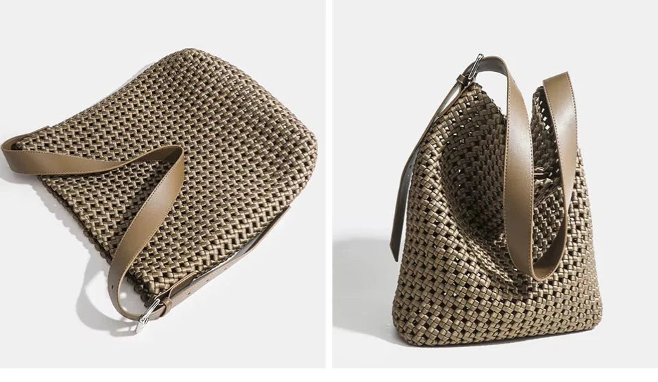 Dark khaki Osler woven hand-knotted hobo handbag by Prenelove with intricate weave and soft leather strap.