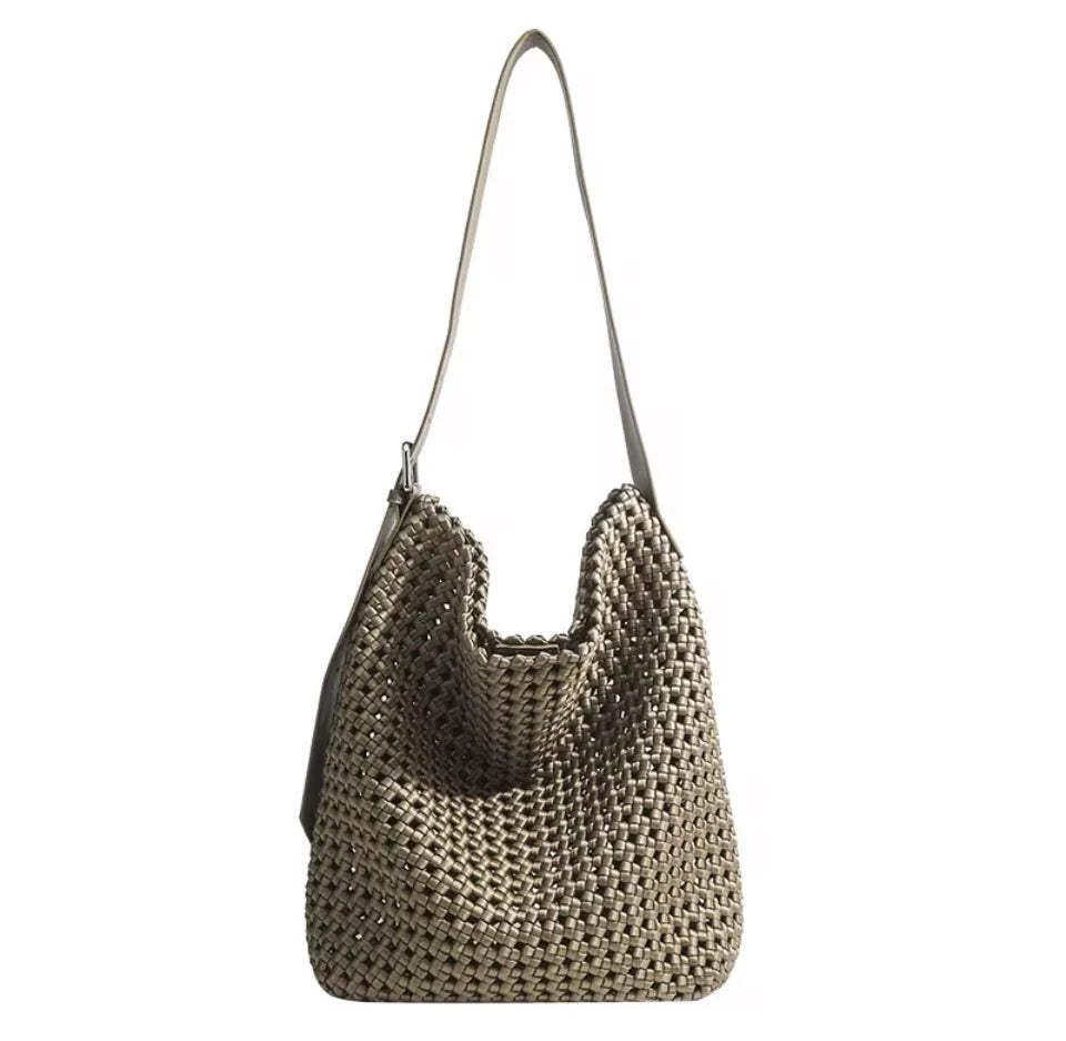 Prenelove Osler woven hand-knotted hobo handbag in dark khaki with a textured, stylish design and rounded shape.