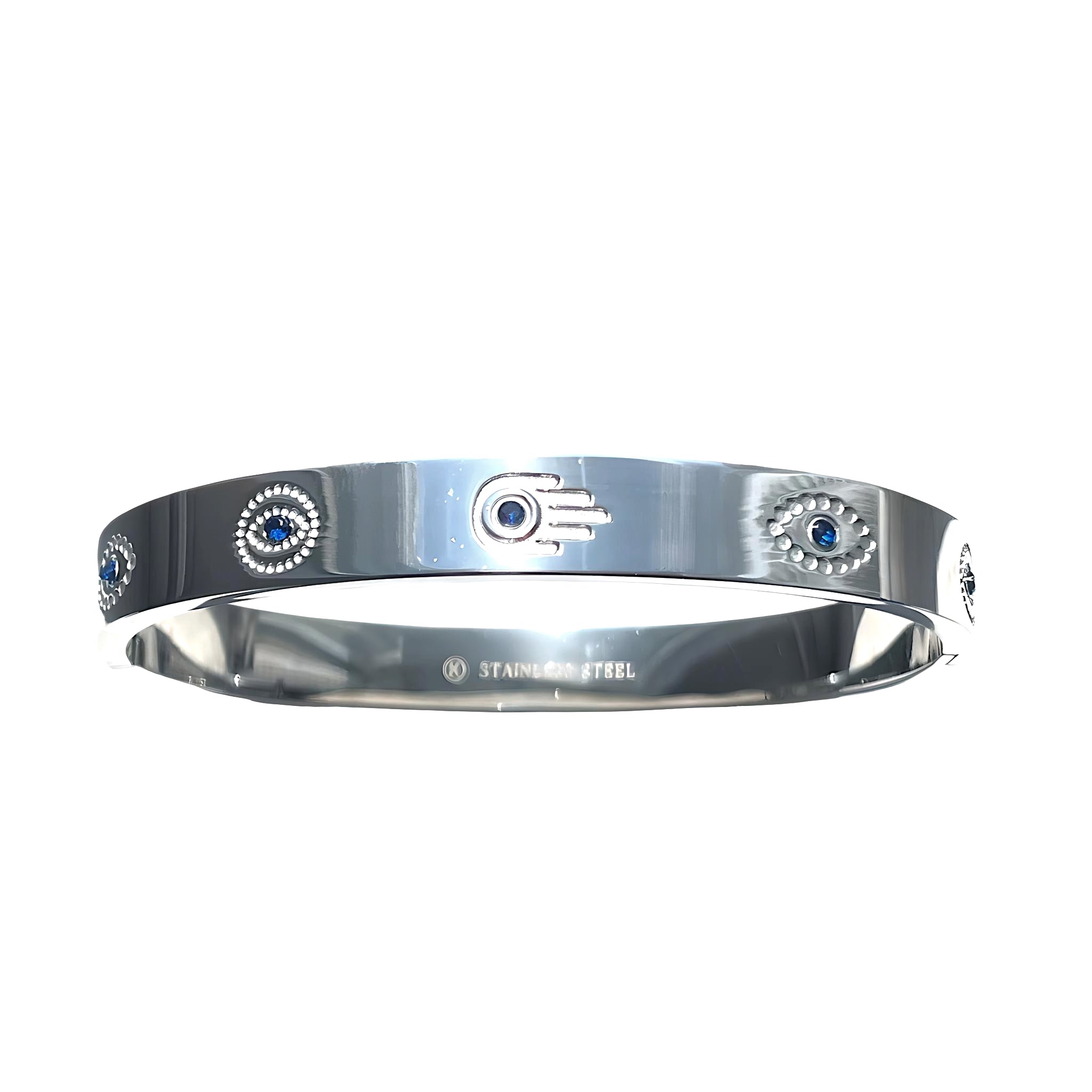 Stainless steel Hamsa and Evil Eye bracelet with intricate designs, featuring a protective charm and stylish chain.