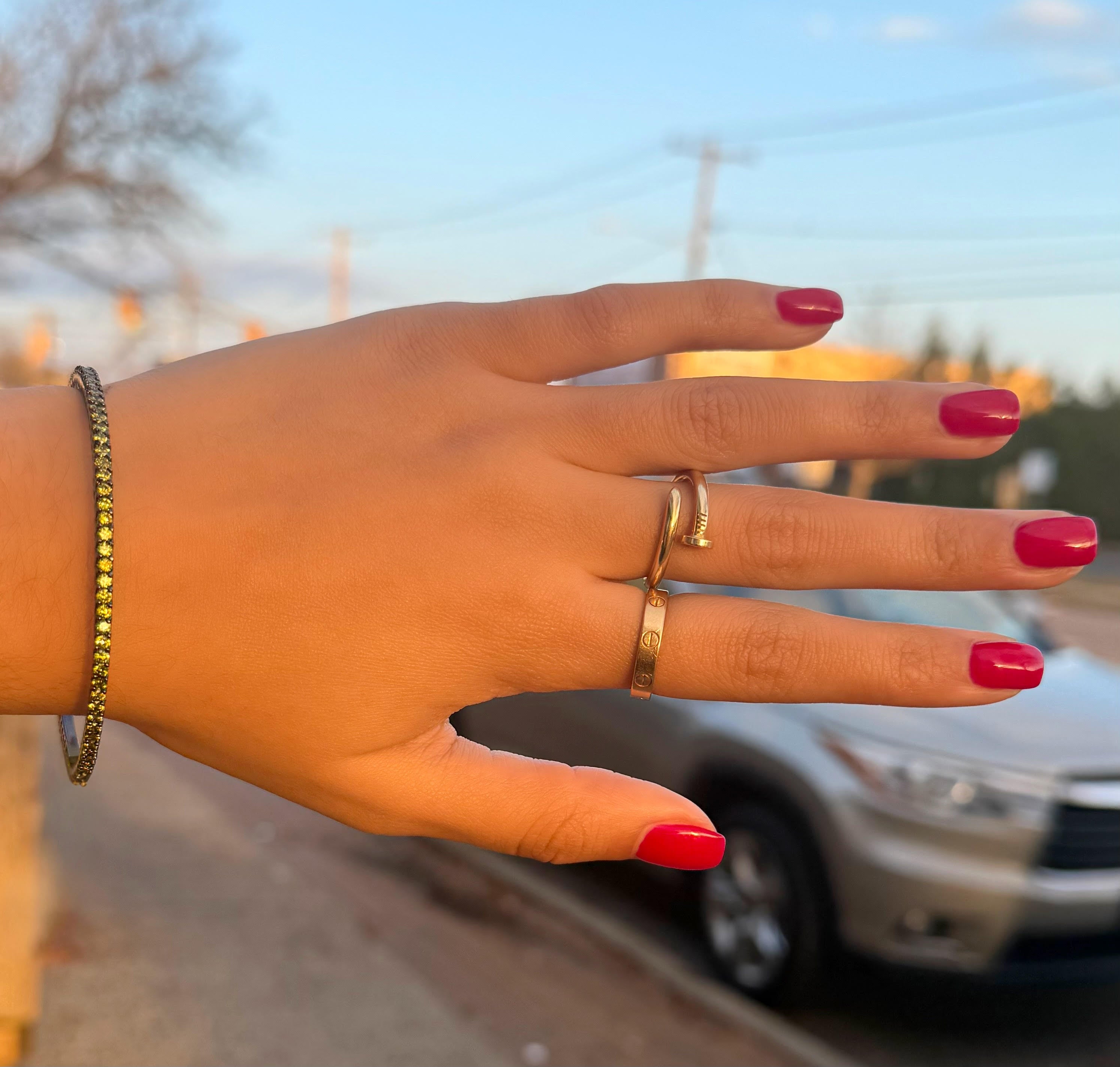 Sterling Silver Single Black Bangle with Yellow Gems