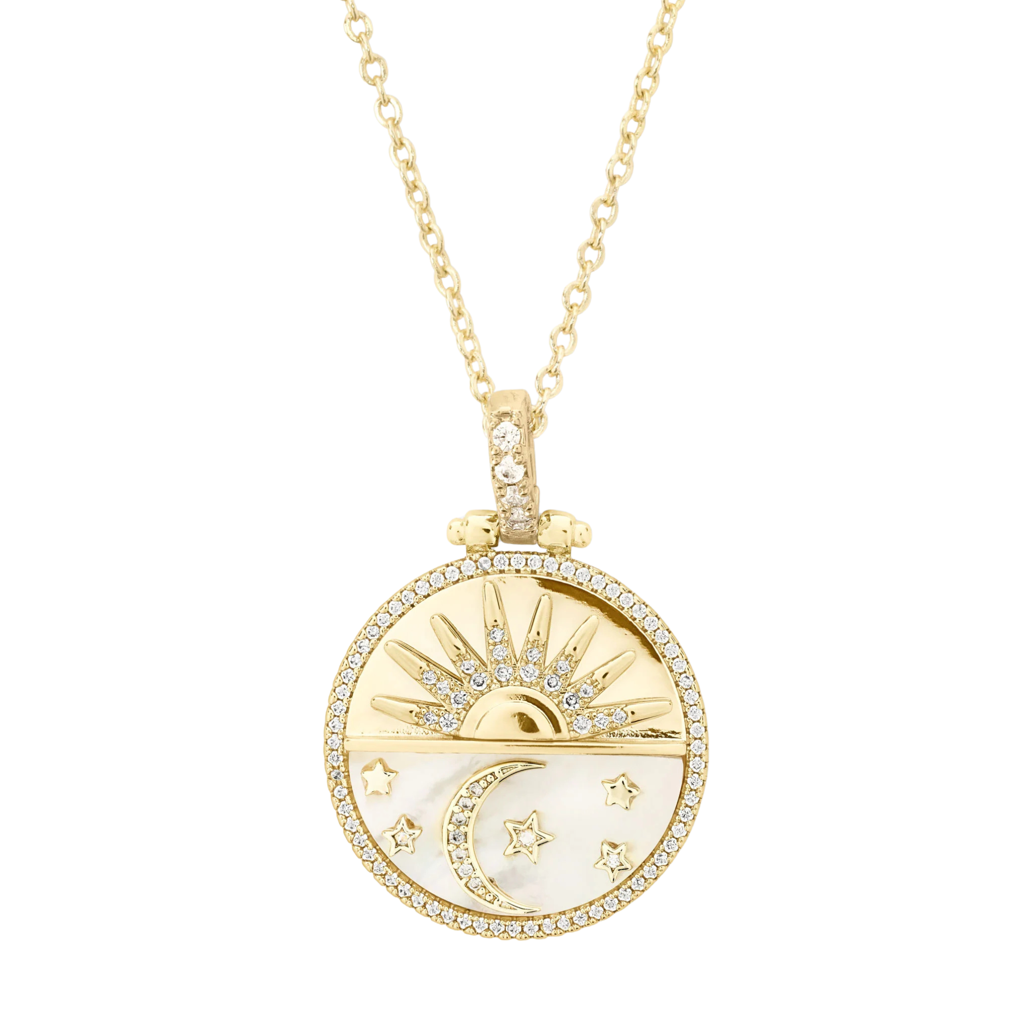 Gold New Beginnings Medallion Necklace by Melinda Maria featuring white Diamondettes on a wide Cuban link chain.