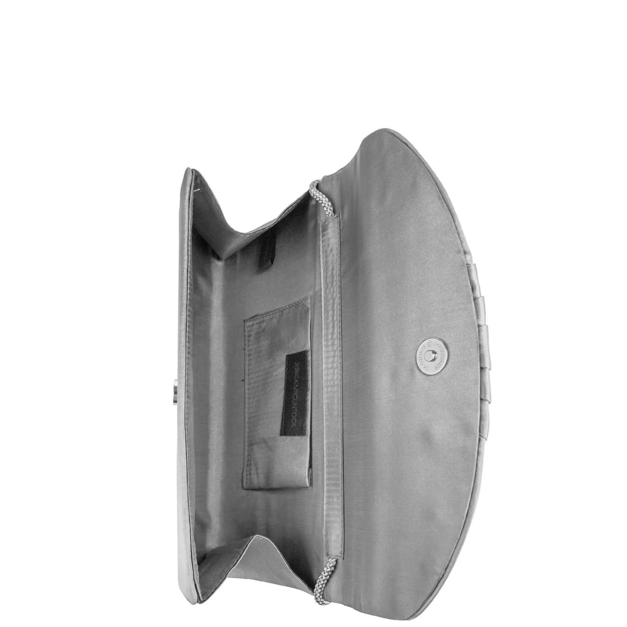 Jessica McClintock Angel Satin Tuxedo Flap Evening Clutch in elegant satin with a sleek flap design.