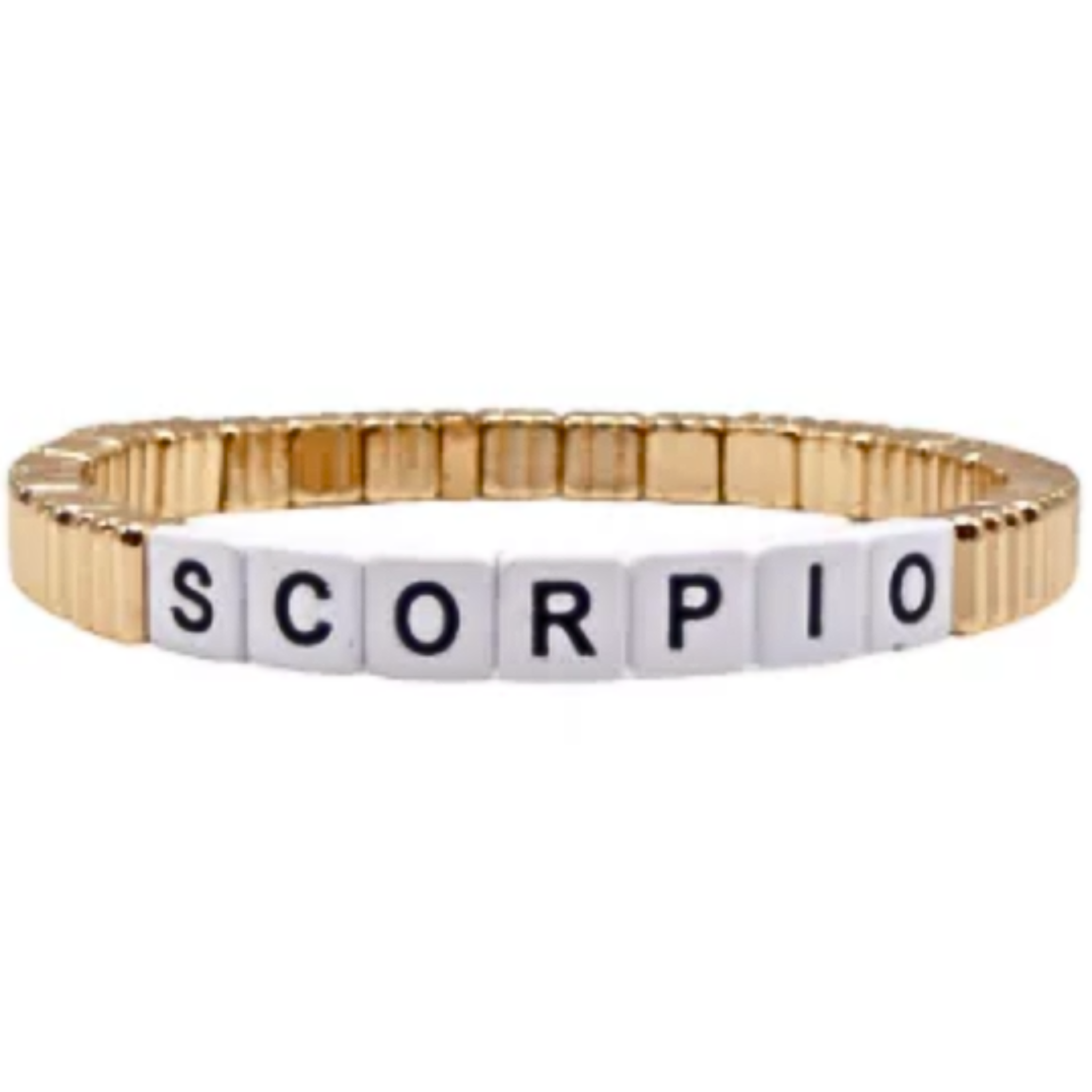 Stackable gold line bracelet featuring zodiac sign charms by la lumiere ny, displayed on a soft fabric background.
