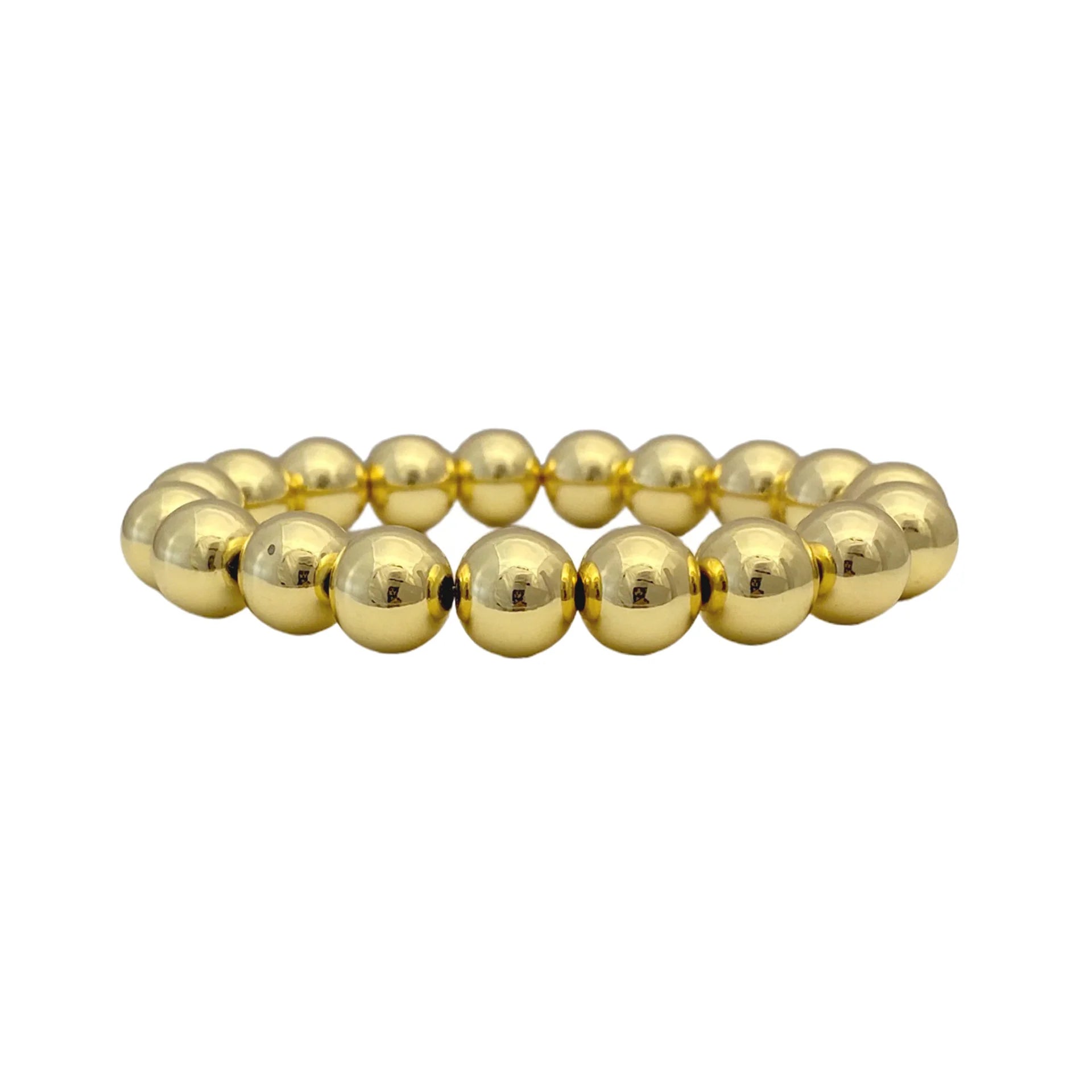 Classic Love Lisa beaded stretch bracelets featuring 10mm gold beads, elegantly arranged for a stylish look.