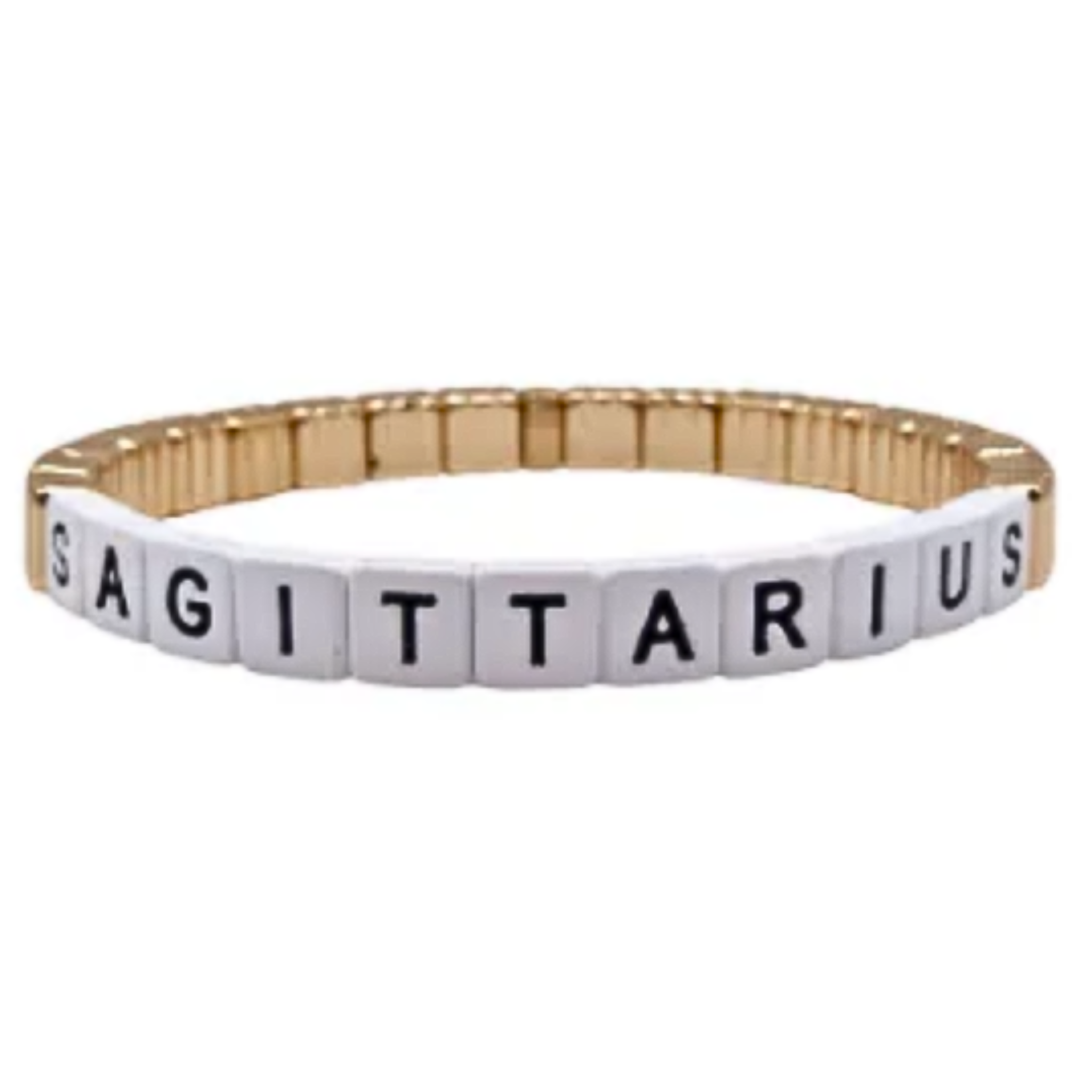Stackable gold line bracelet featuring zodiac sign charms by la lumiere ny, displayed on a soft fabric background.