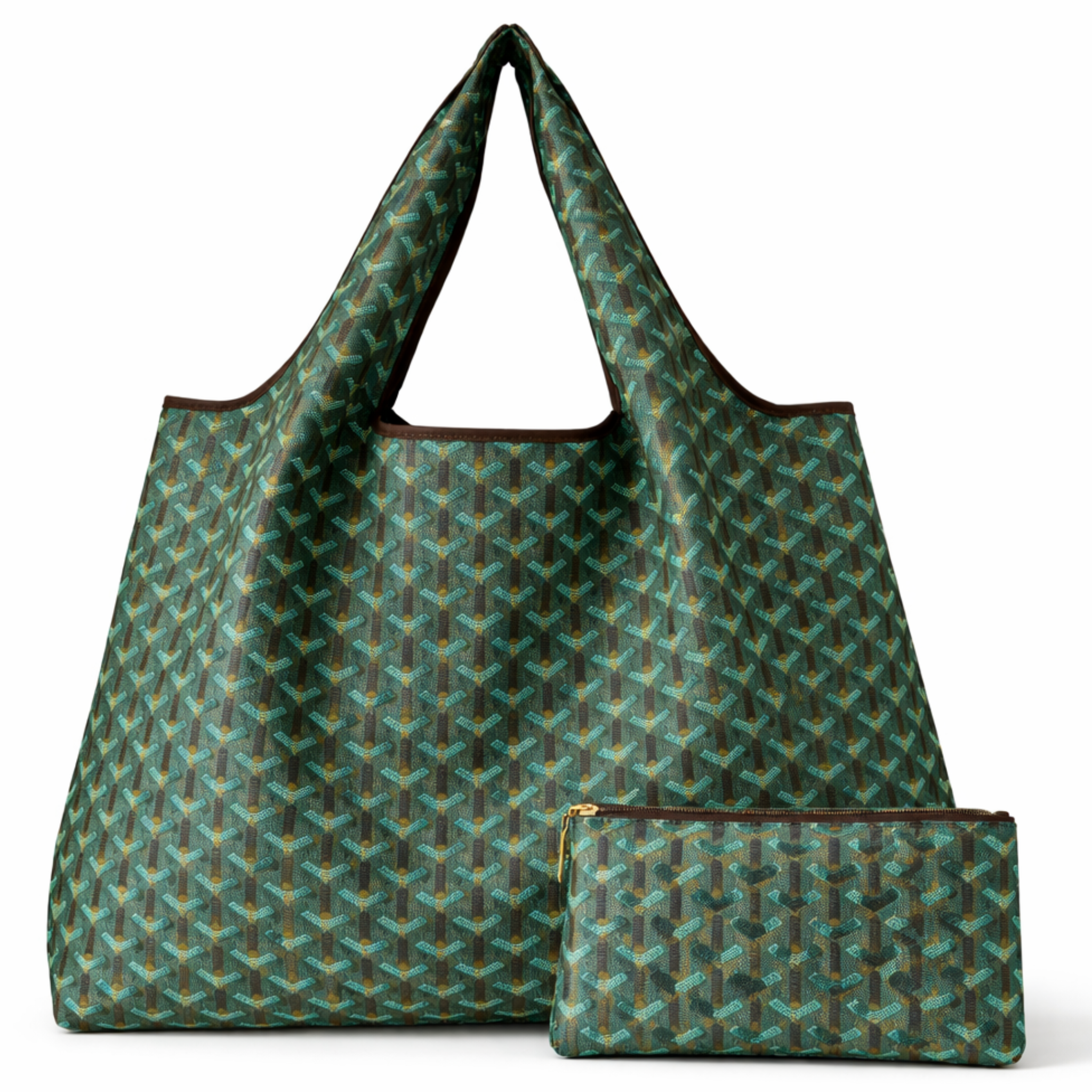 Chevron eco-friendly nylon tote bag by private label, foldable, reusable, with a stylish chevron pattern and compact design.