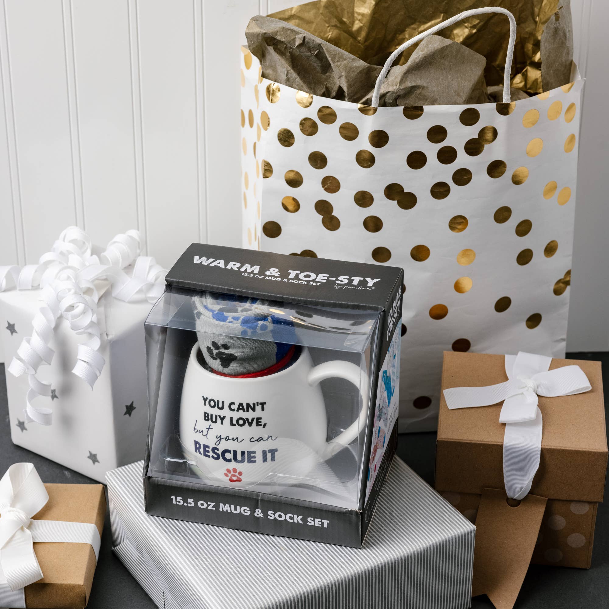 Pavilion Rescue mug and cozy socks set, featuring a colorful mug with a matching pair of soft socks.