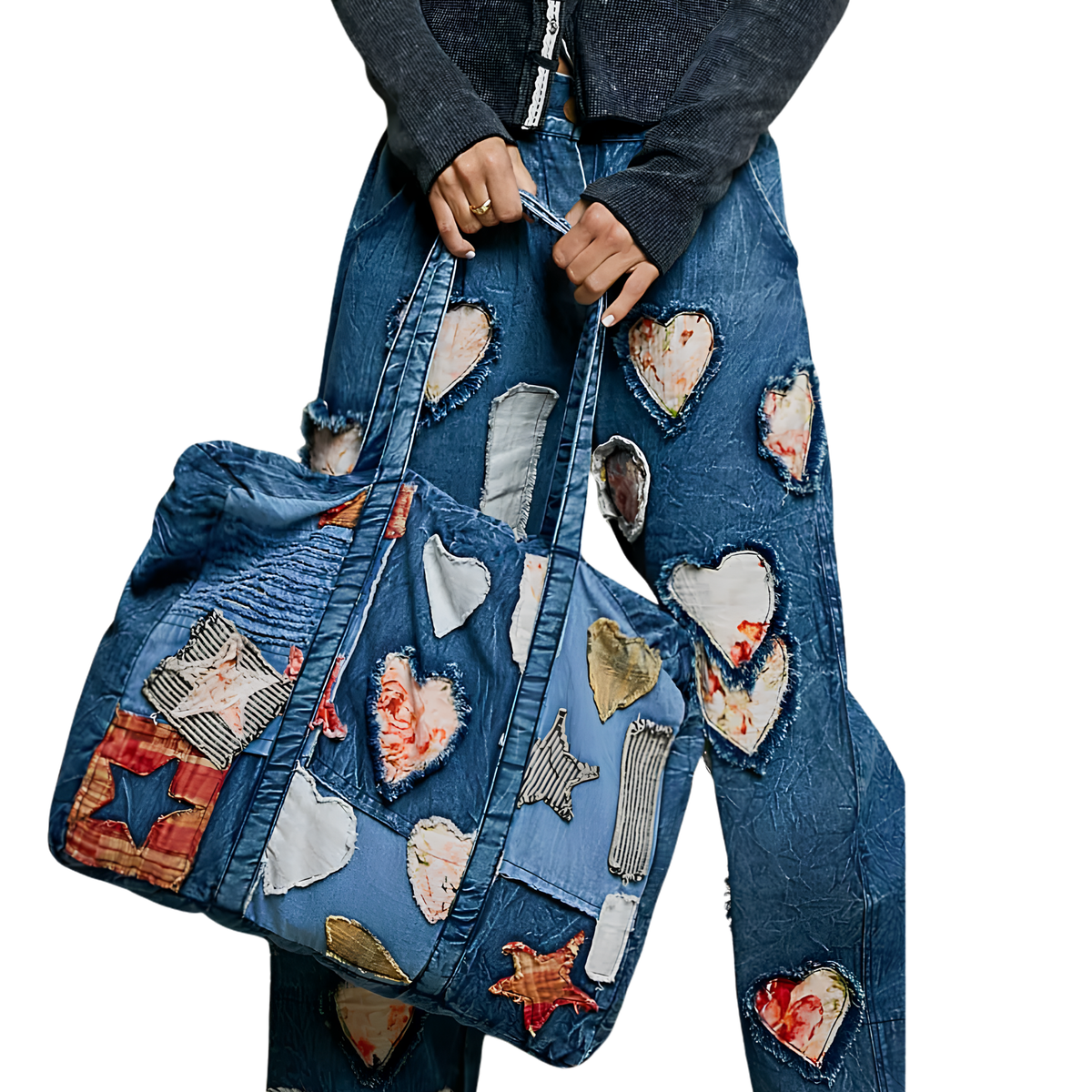 Unique Mix Patchwork Vintage Denim Casual Tote Bag