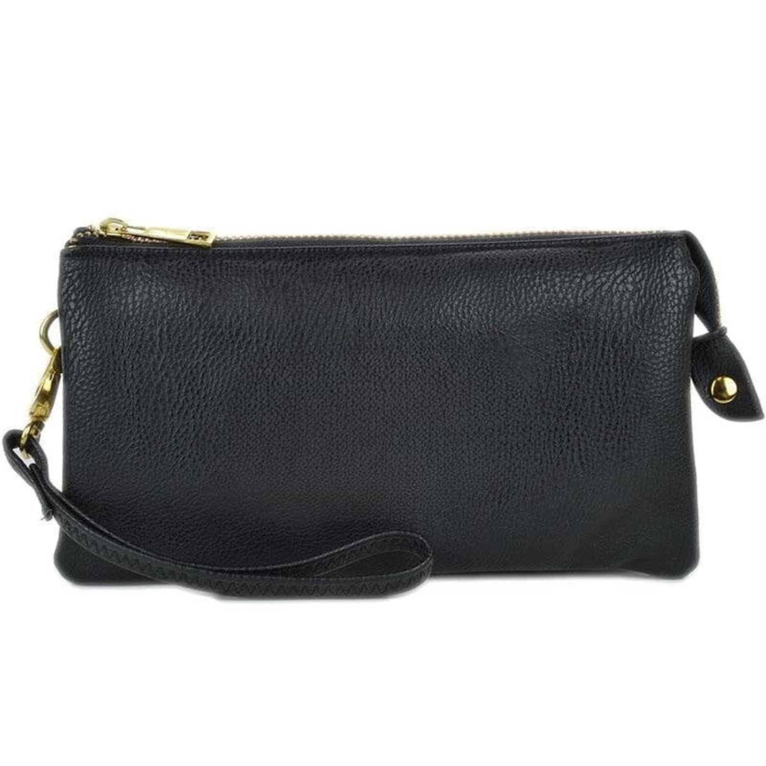 Private label three-compartment crossbody bag with wristlet design, featuring multiple sections and a sleek, stylish appearance.