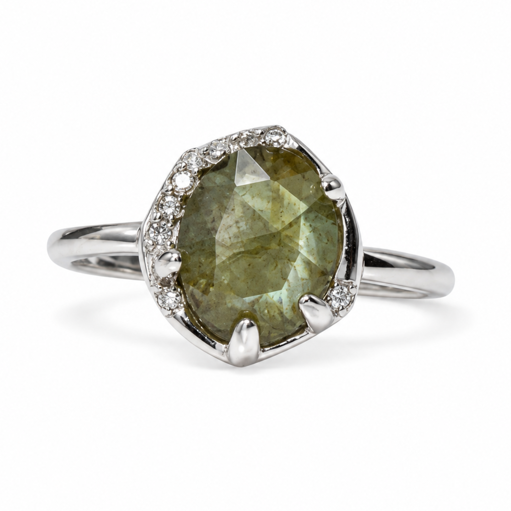 Silver oval gemstone ring with adjustable band, featuring a sparkling crystal, crafted by Private Label.